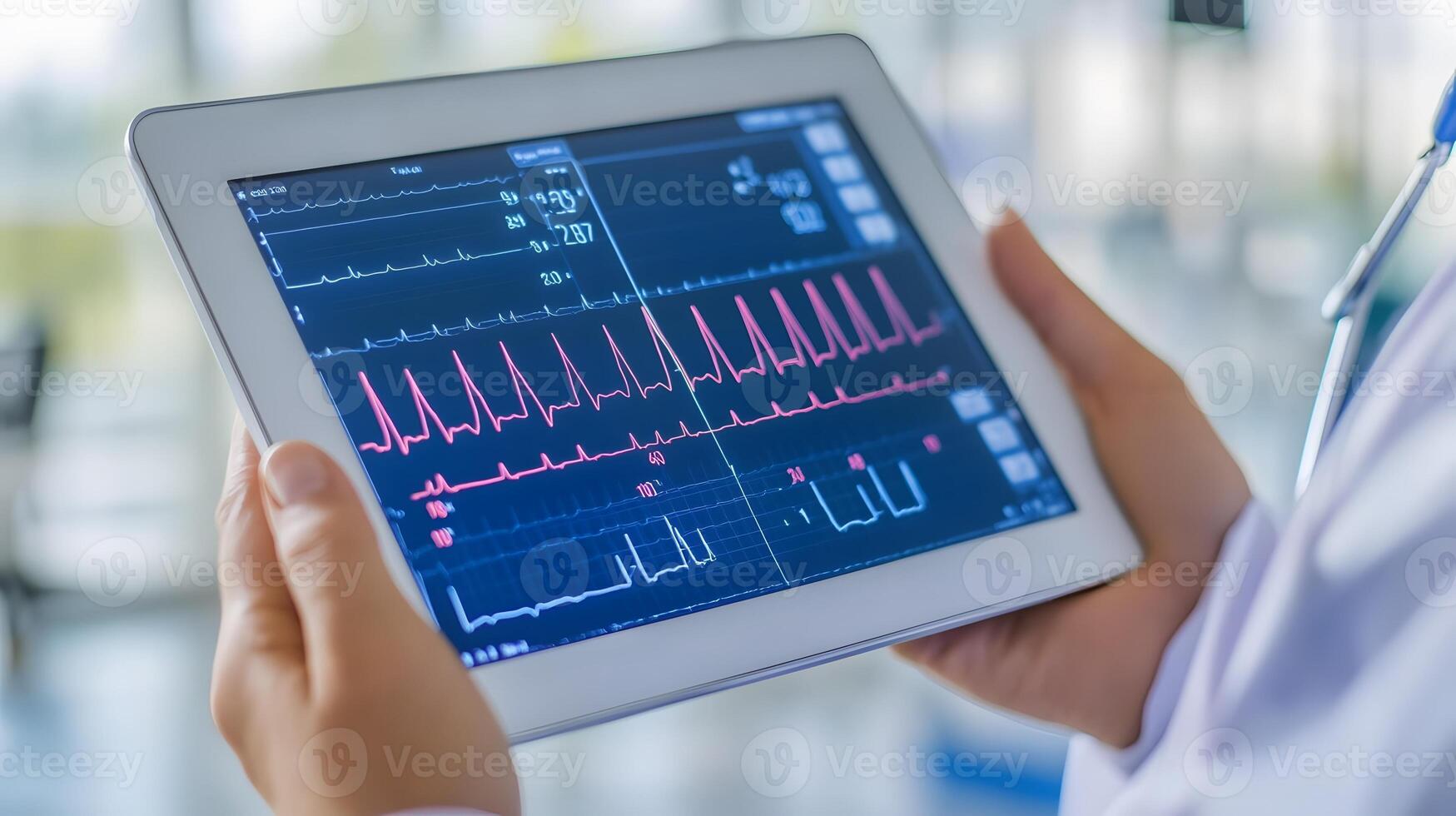 physician holding tablet displaying ECG and patient data, advanced diagnostics in futuristic hospital setting, bright lighting, clean screen interface, photo