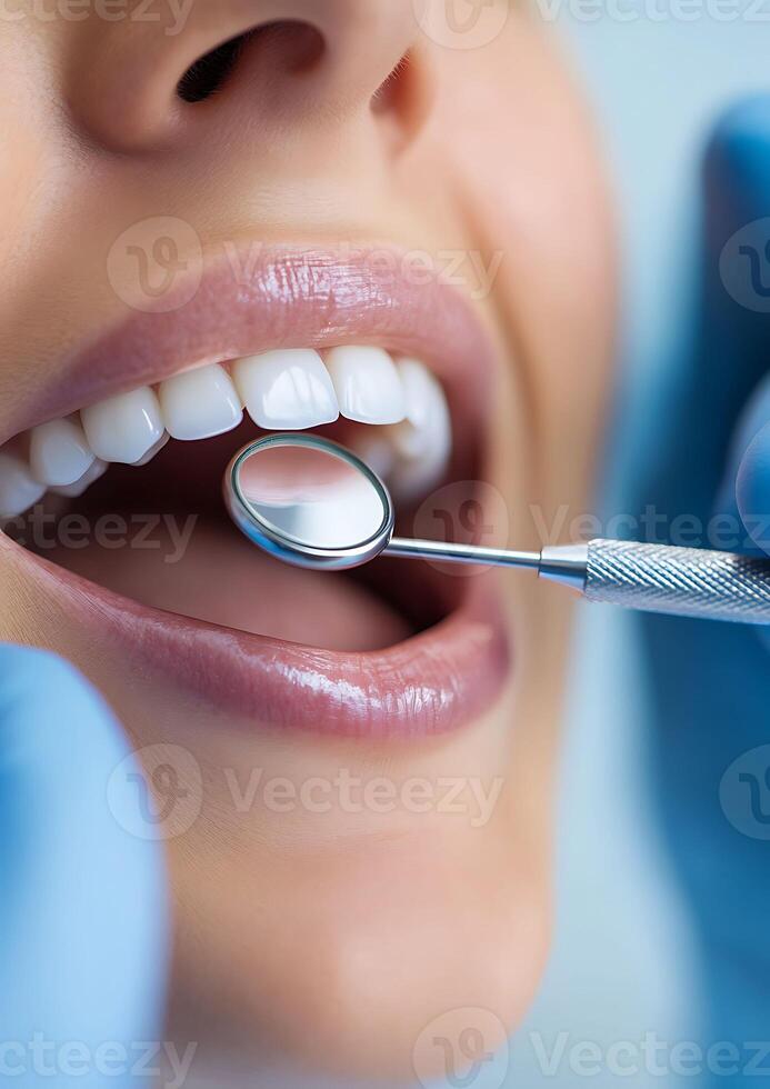 dentist examining patient in modern clinic with dental tools photo