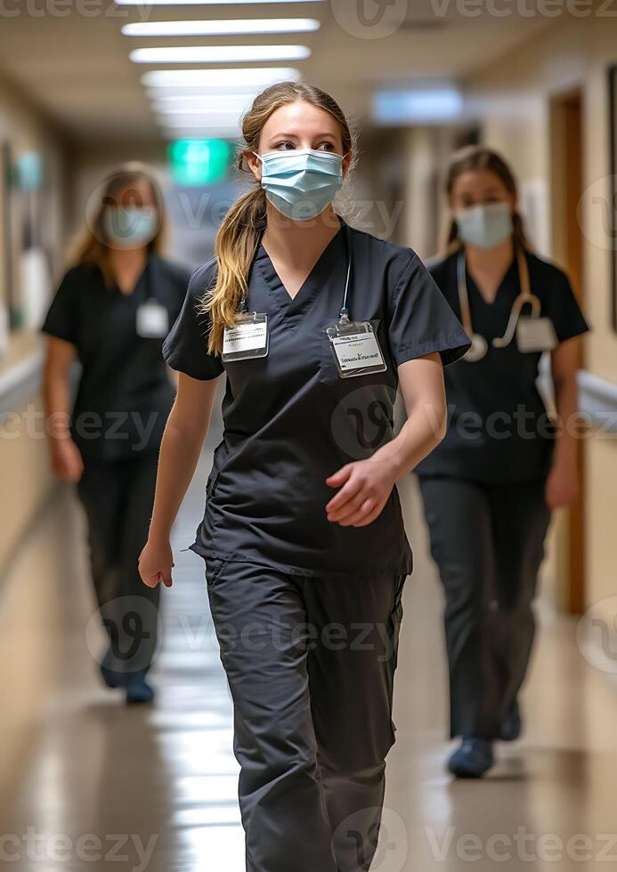 hospital staff walking down corridor wearing masks and scrubs professional environment. photo
