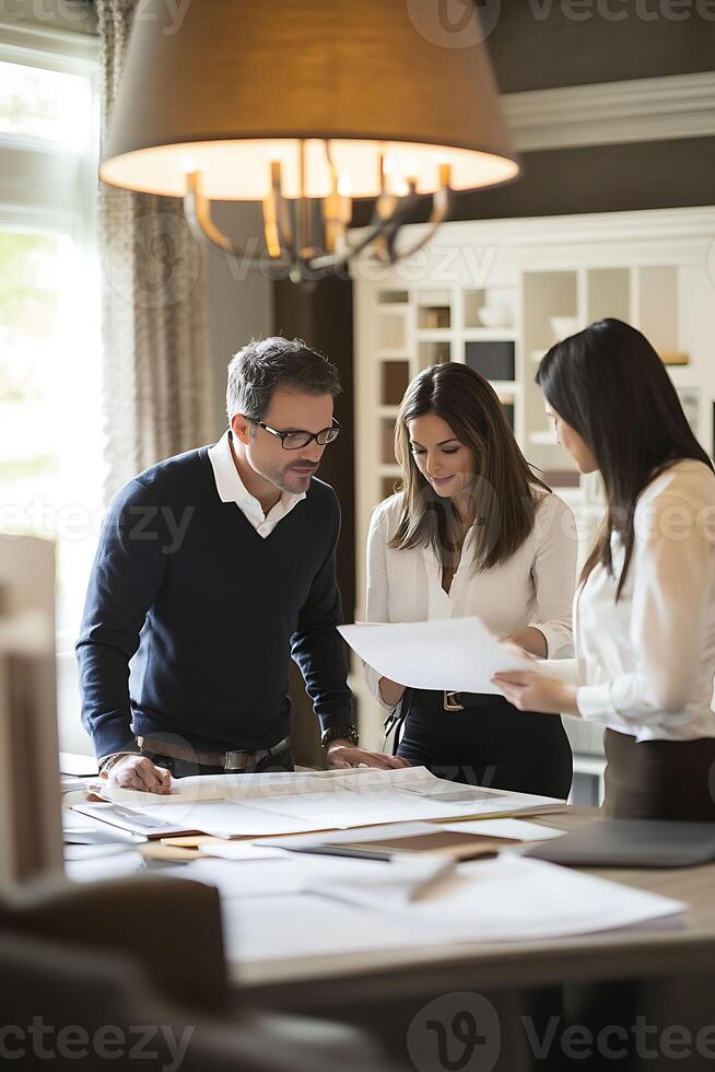 interior designers presenting plans in elegant room with furniture samples photo
