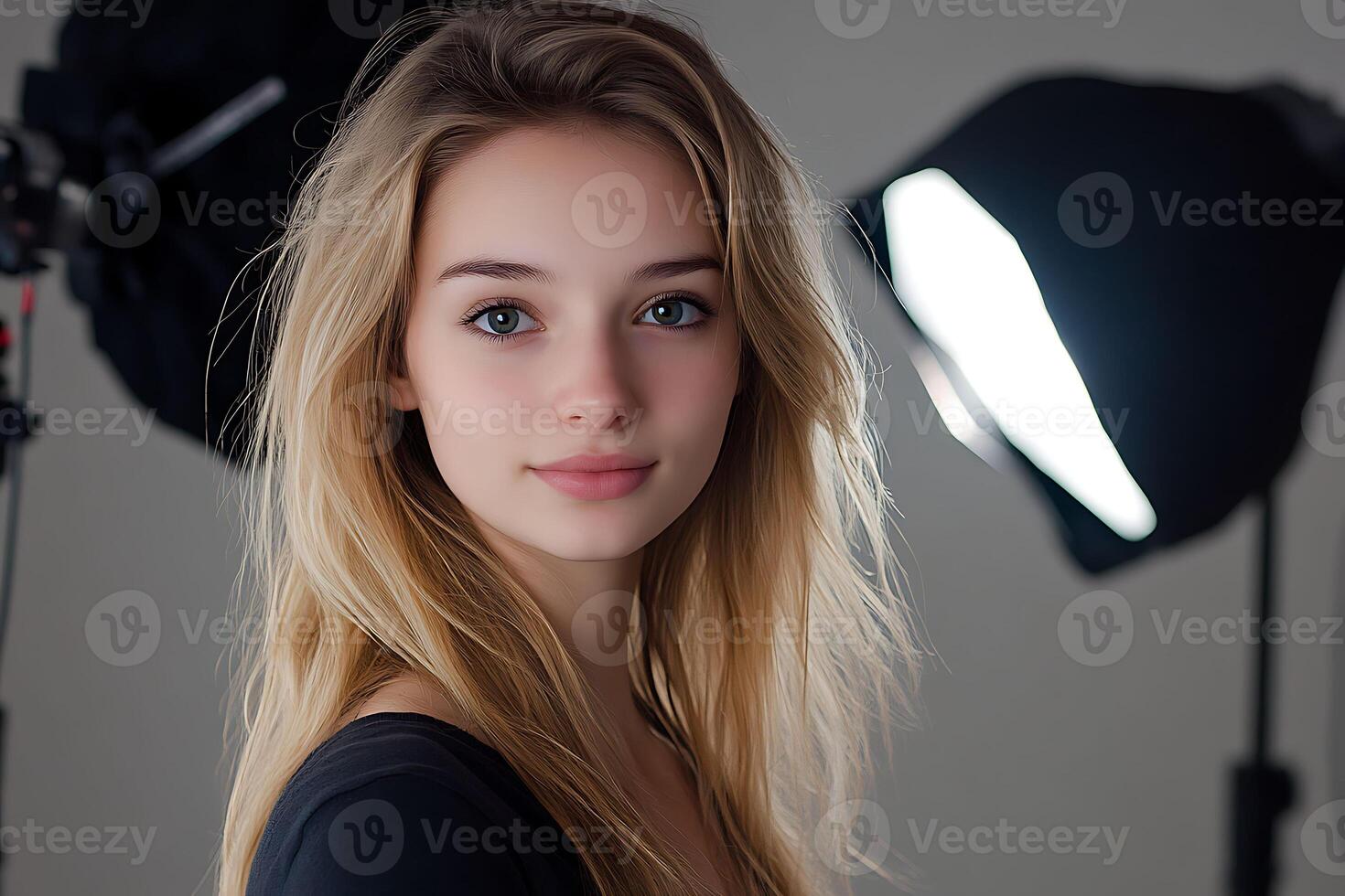 photographer taking portrait in studio with softbox lights photo