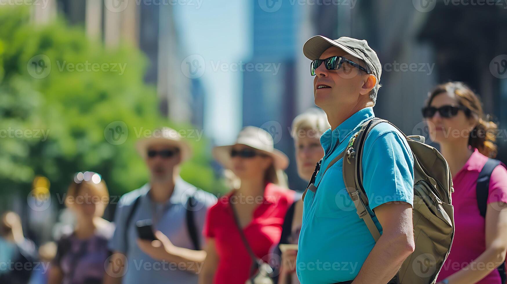city guide leading tourist group near landmark photo