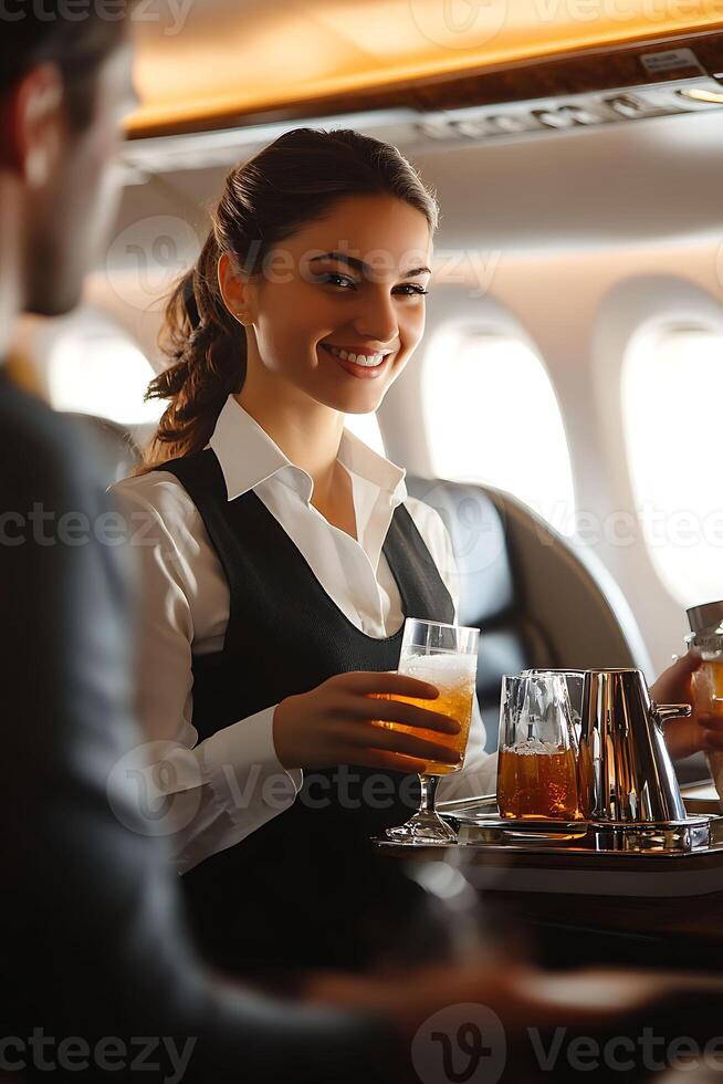 flight crew serving drinks inside aircraft with professional demeanor photo