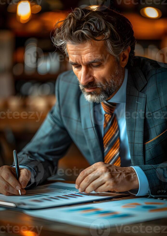 portfolio manager evaluating asset returns and risk before constructing new portfolio photo