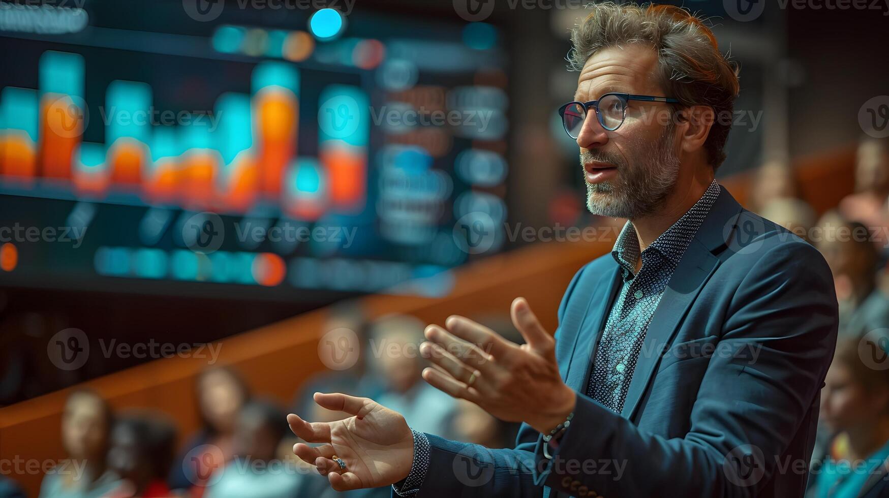 economist explaining macroeconomic trends like unemployment rate to a business audience photo