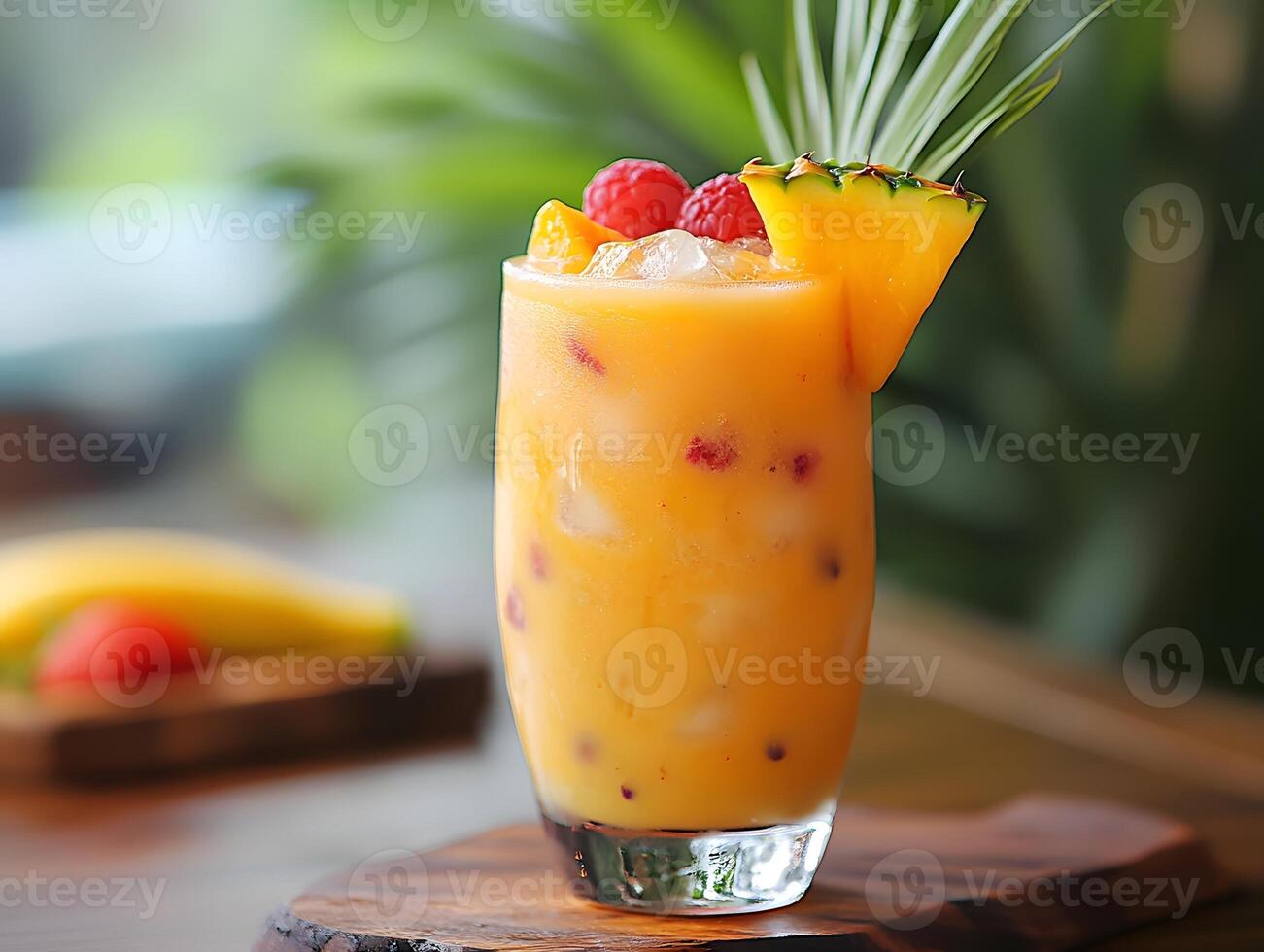 close-up refreshing tropical drinks with ice and fruits photo