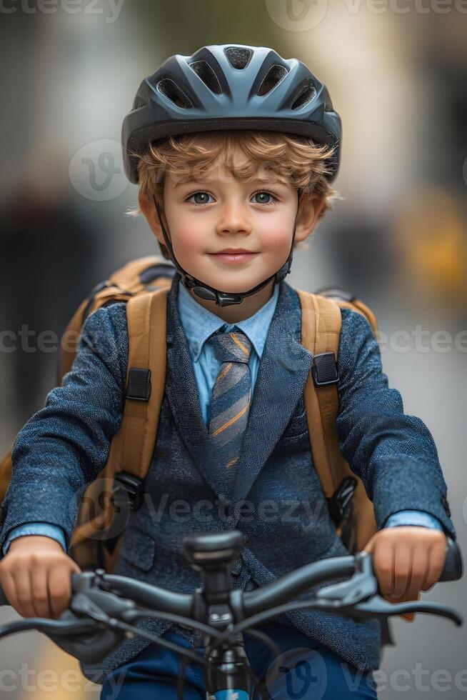 little boy riding bicycle to school with helmet sunny safe travel photo