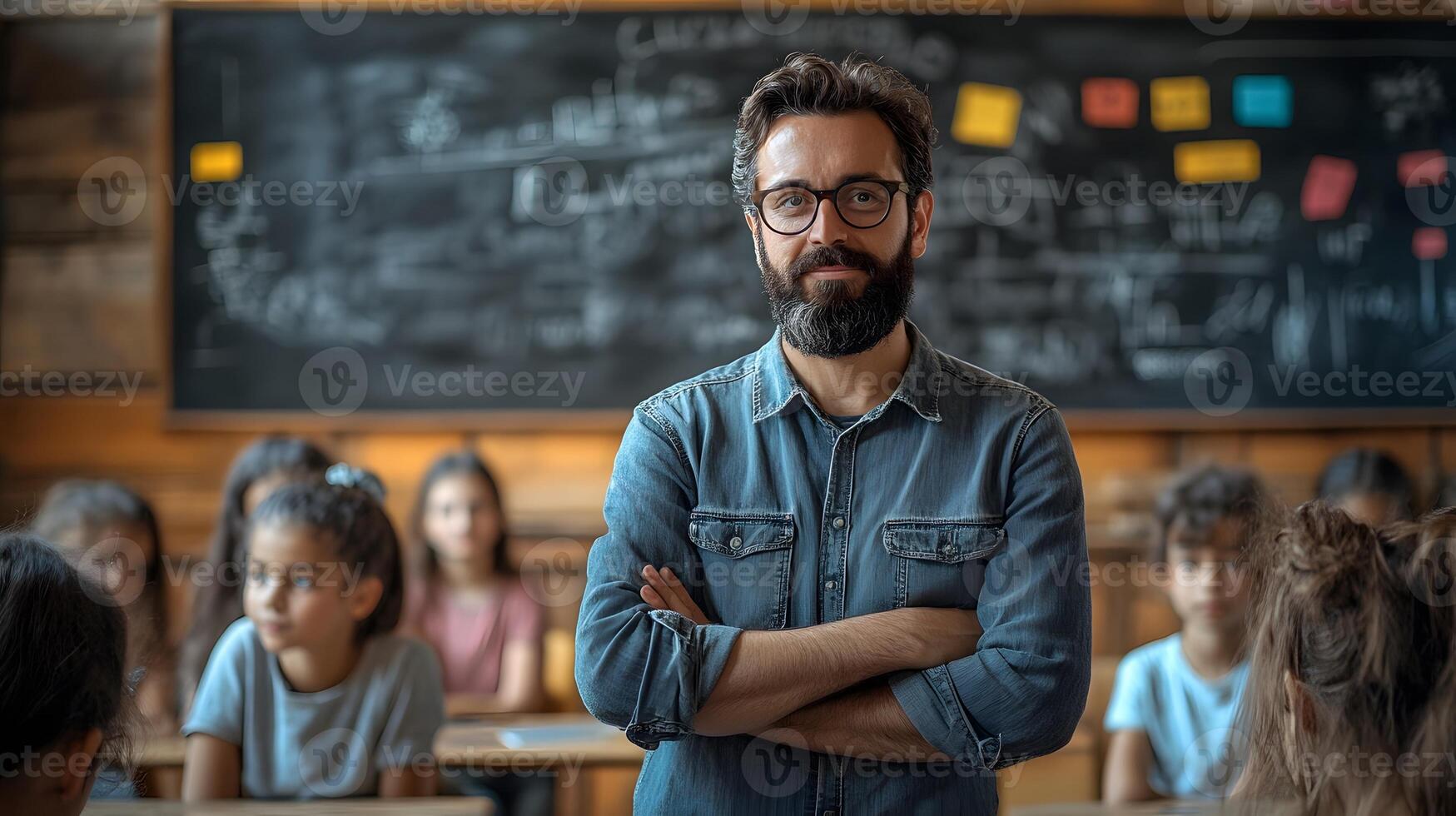 teacher explaining math problem on chalkboard, focused students watching, photo