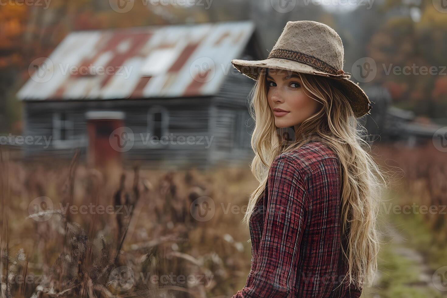woman wearing fall fashion walking in rustic setting, photo