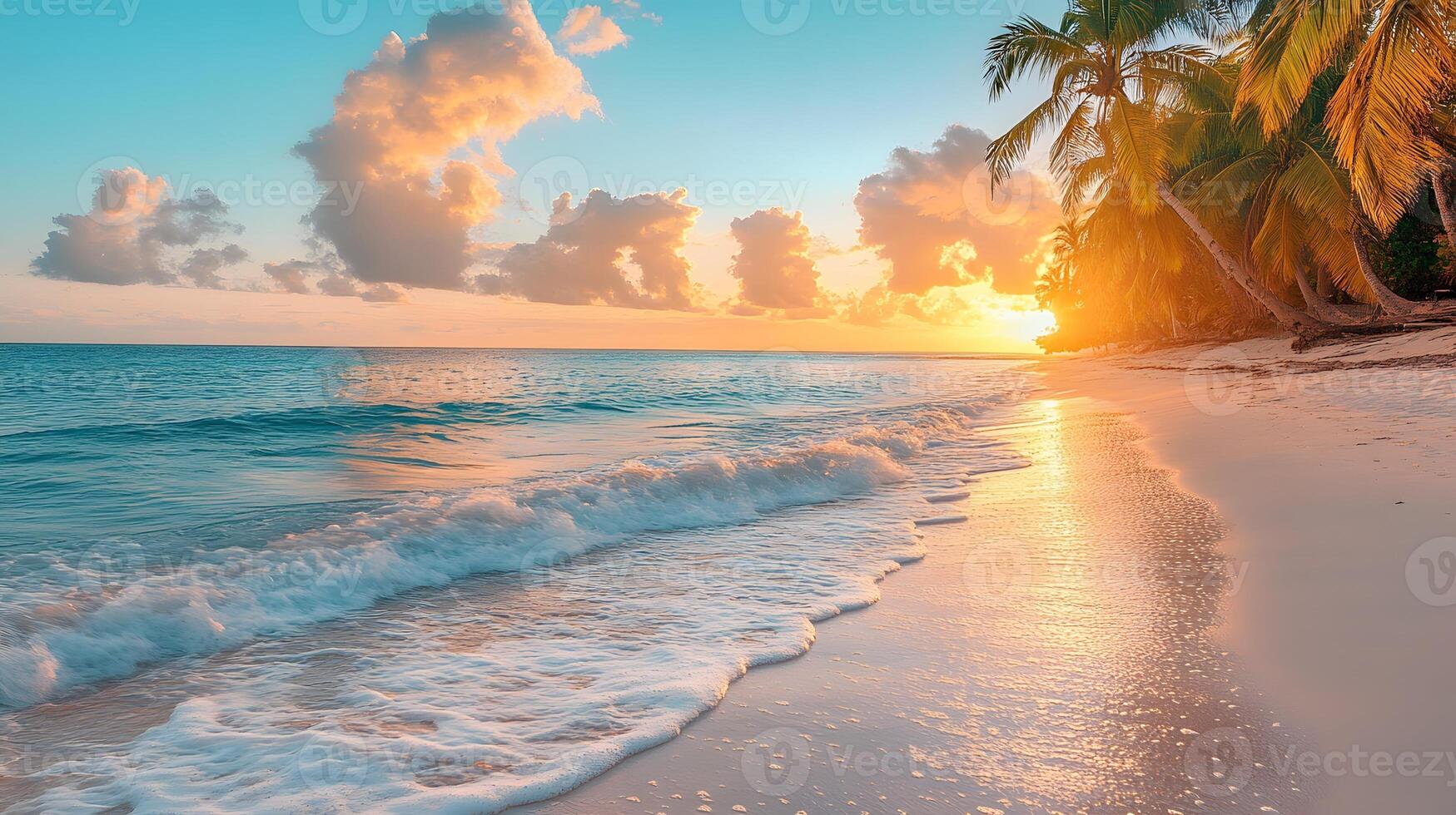 wide beach view with calm waves and golden sky, photo