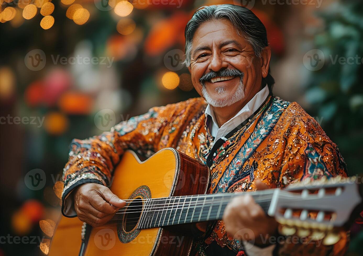 mariachi musician tuning guitar before performance, photo