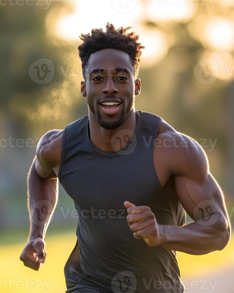 sporty man athlete sprinting to success finish line breakthrough morning sunshine perseverance grit photo