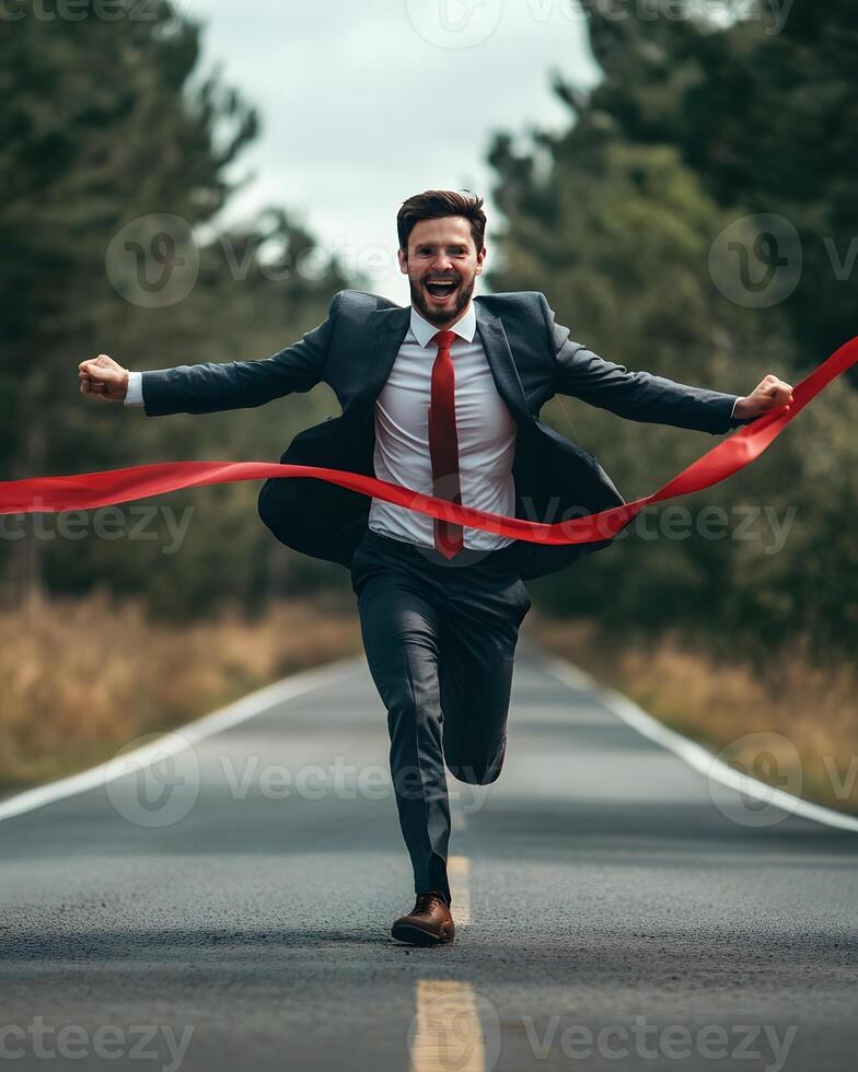 businessman racing to success finish ribbon energetic professional outdoor leadership perseverance fast motion photo