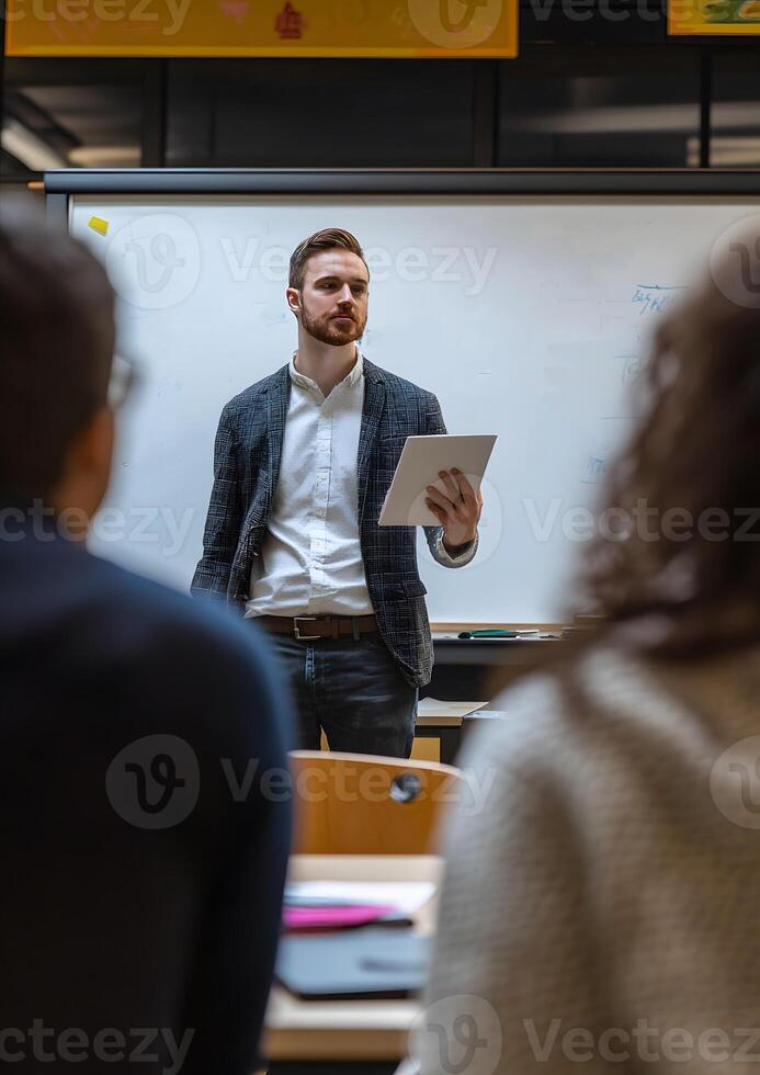 Teacher teaching a class with whiteboard and students taking notes photo