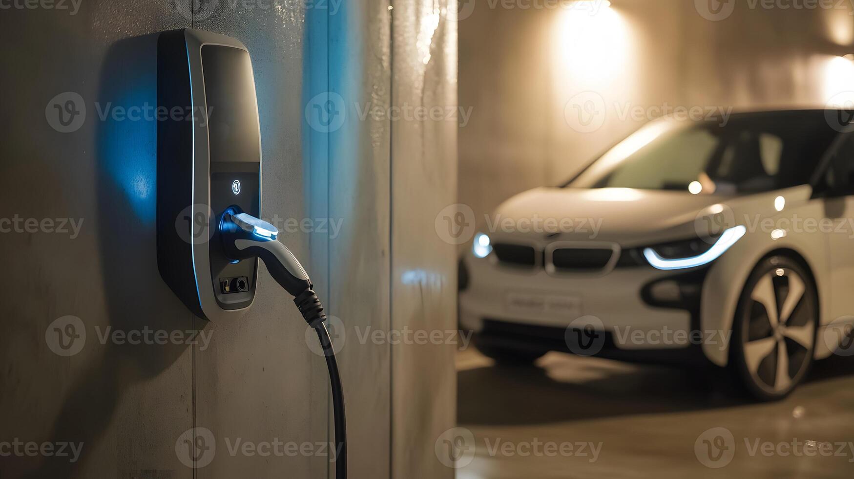 Electric vehicle charging station with battery infographic photo