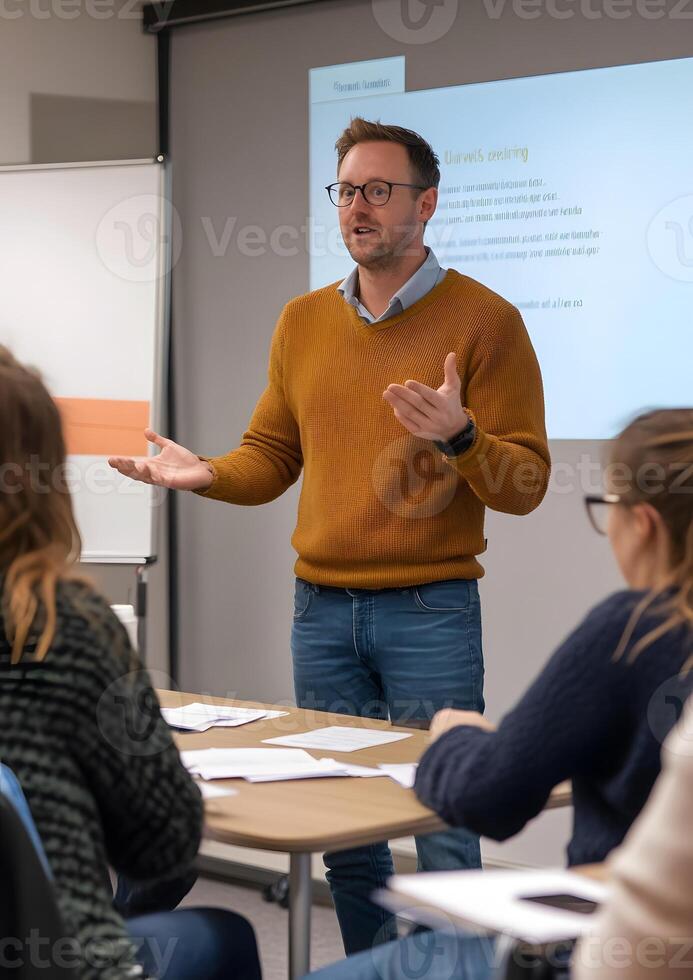 Employee presenting at a business meeting with colleagues photo