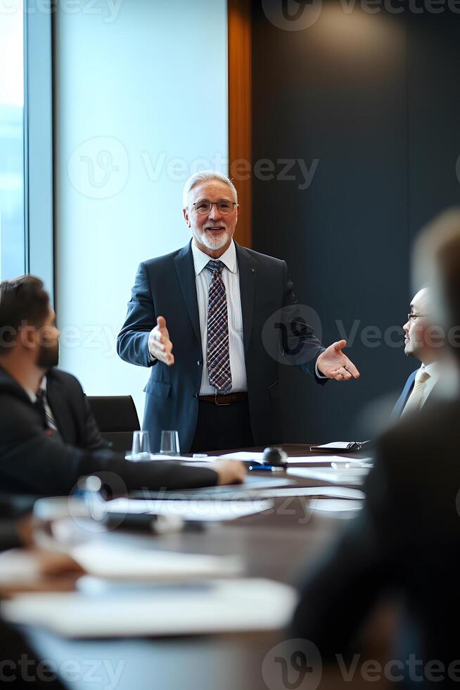 CEO giving presentation to investors in a corporate boardroom photo