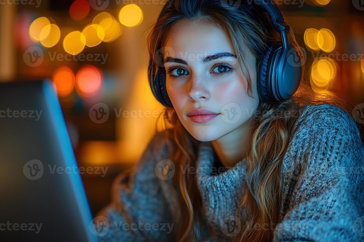 young woman attending online digital marketing course with headphones, focused setup photo