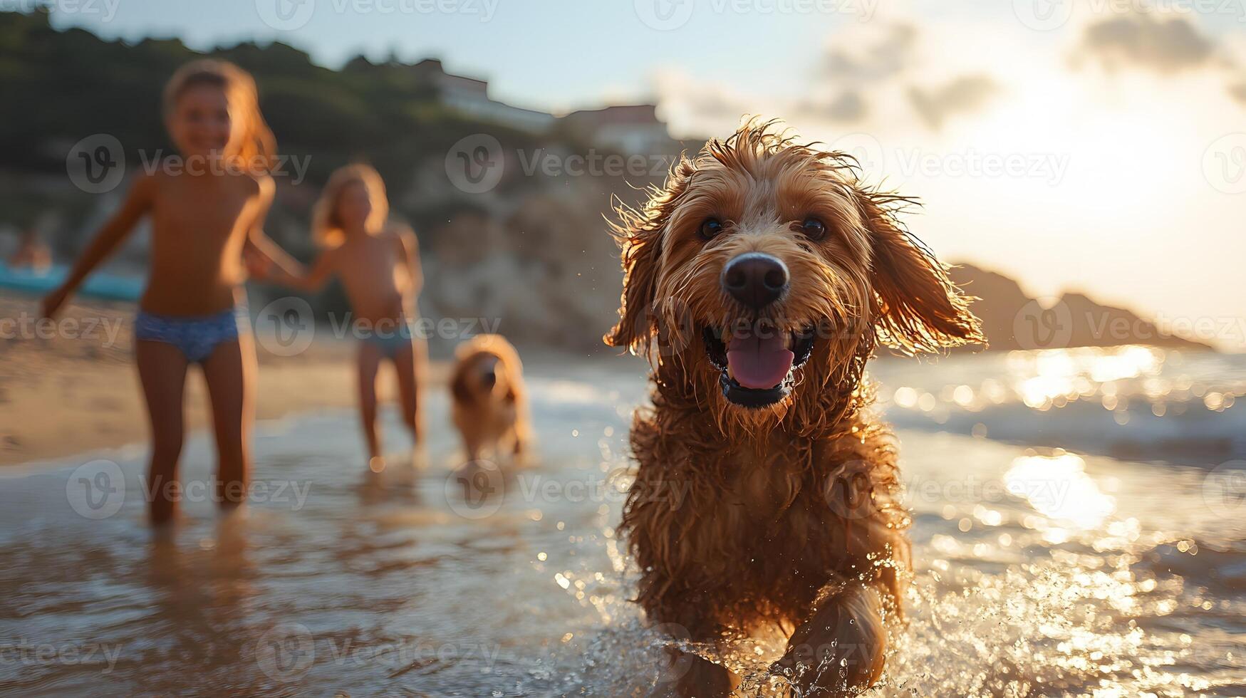 family playing frisbee at beach with dog, candid summer fun and bonding time photo