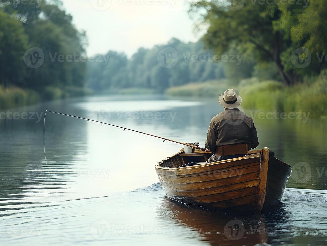 man fishing from a small boat on a peaceful river, casting a line into the water photo