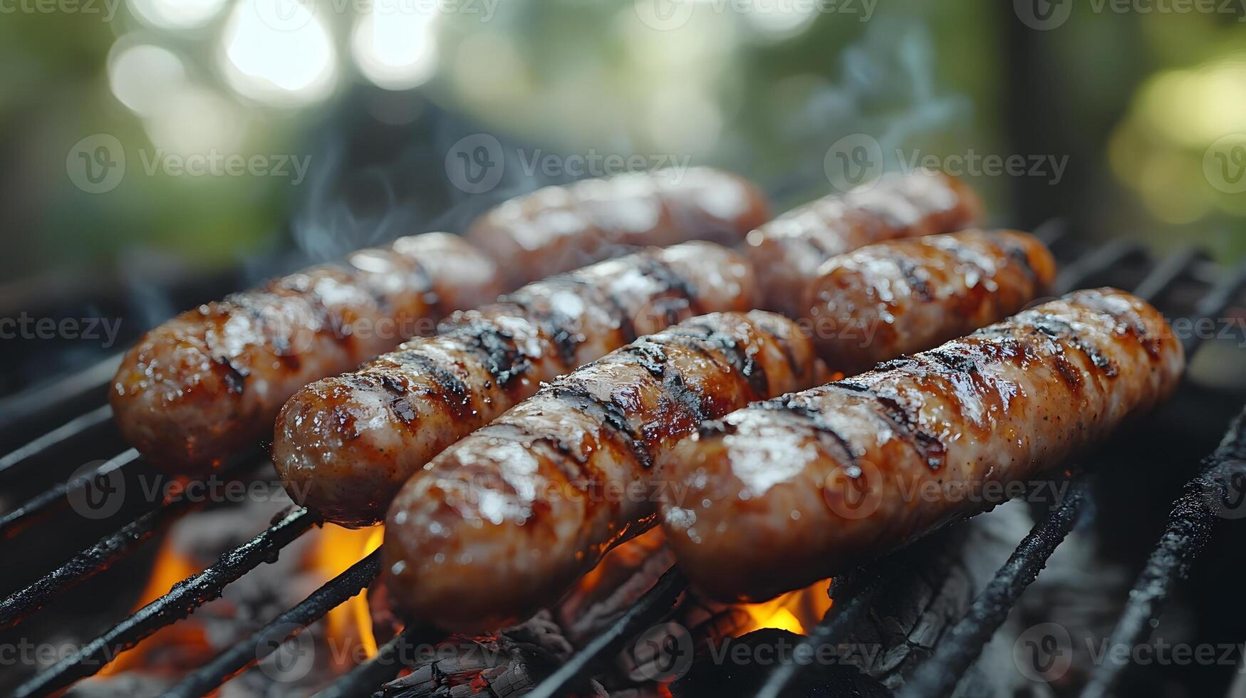 close-up of campfire cooking, sausages roasting on an open flame, nature surrounding photo