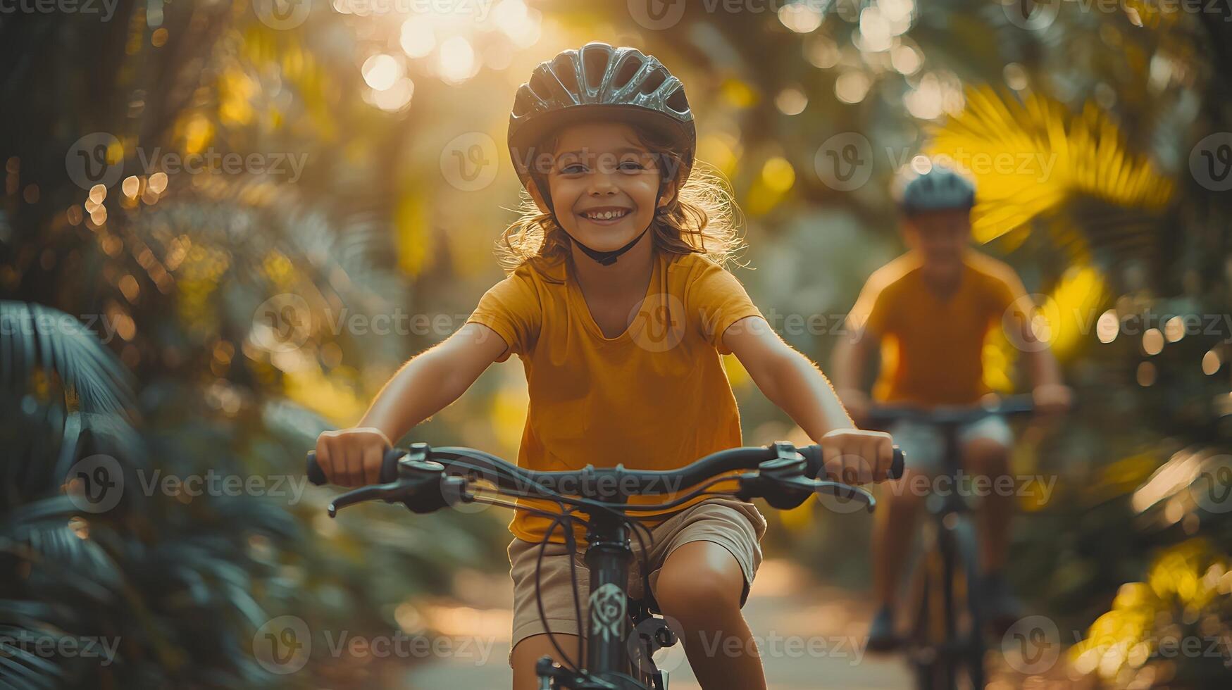 family enjoying a relaxing bike ride on a quiet cycling path in the countryside photo