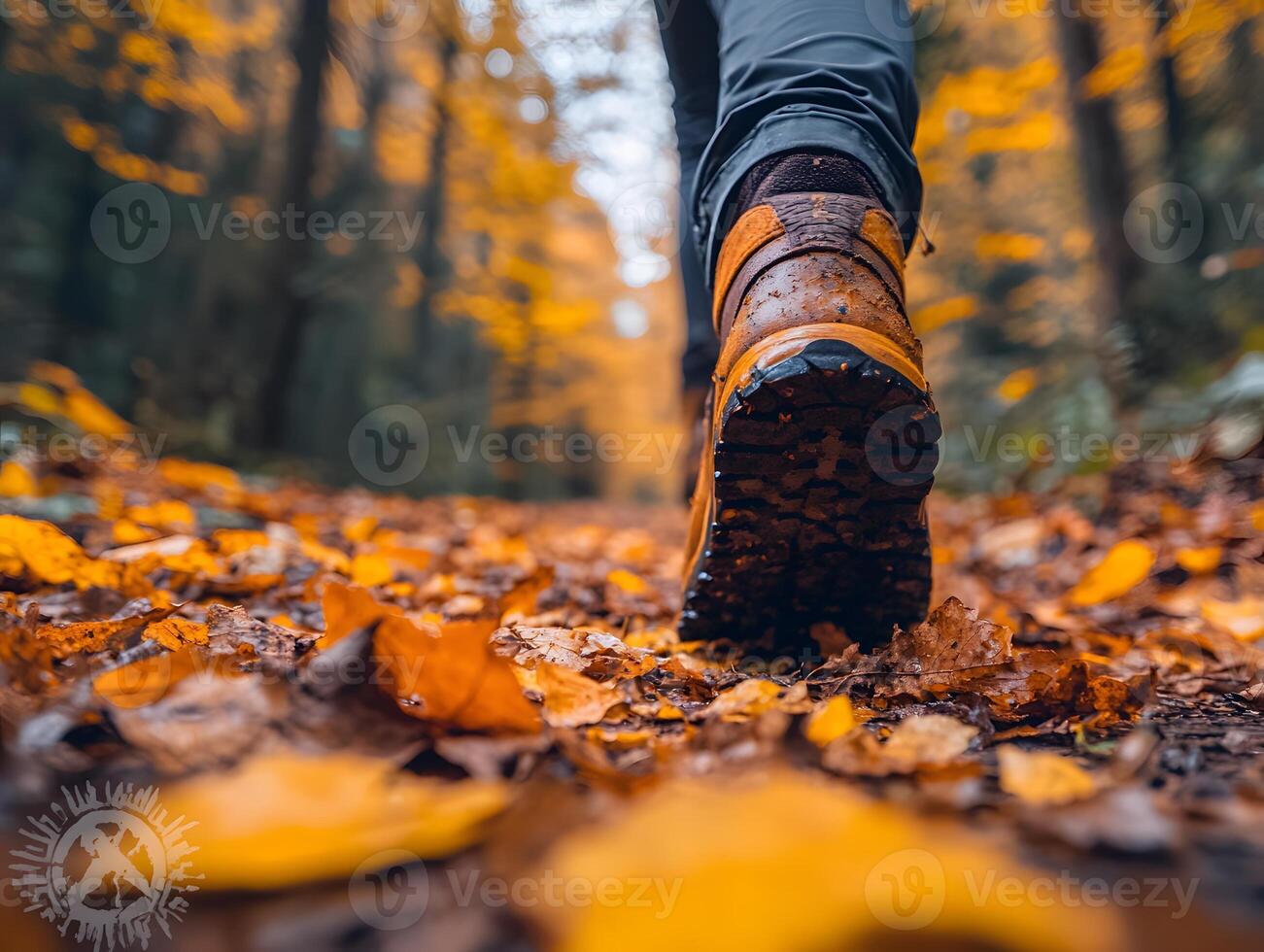 person hiking through a forest trail covered with fallen autumn leaves photo