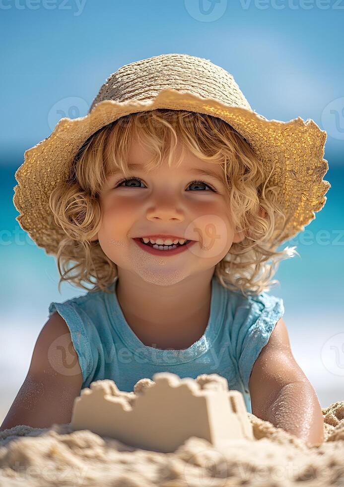 child building sandcastle on the beach, wearing sun hat and smiling, summer fun moment photo
