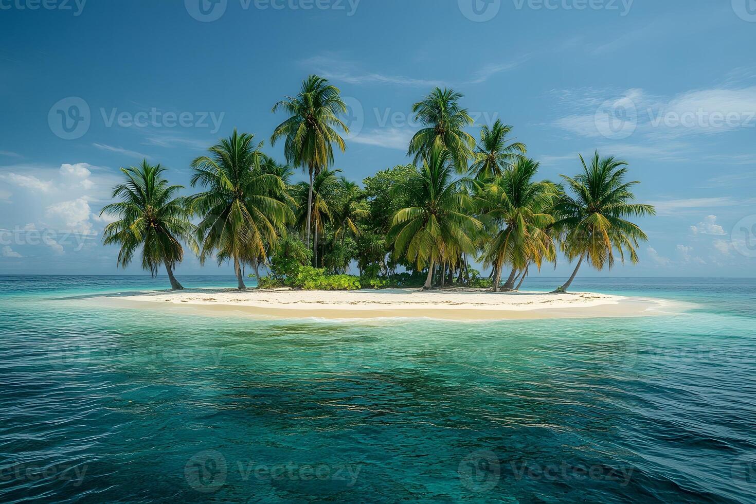 tropical island with palm trees and white sand beach, calm ocean waves, bright sunny day photo