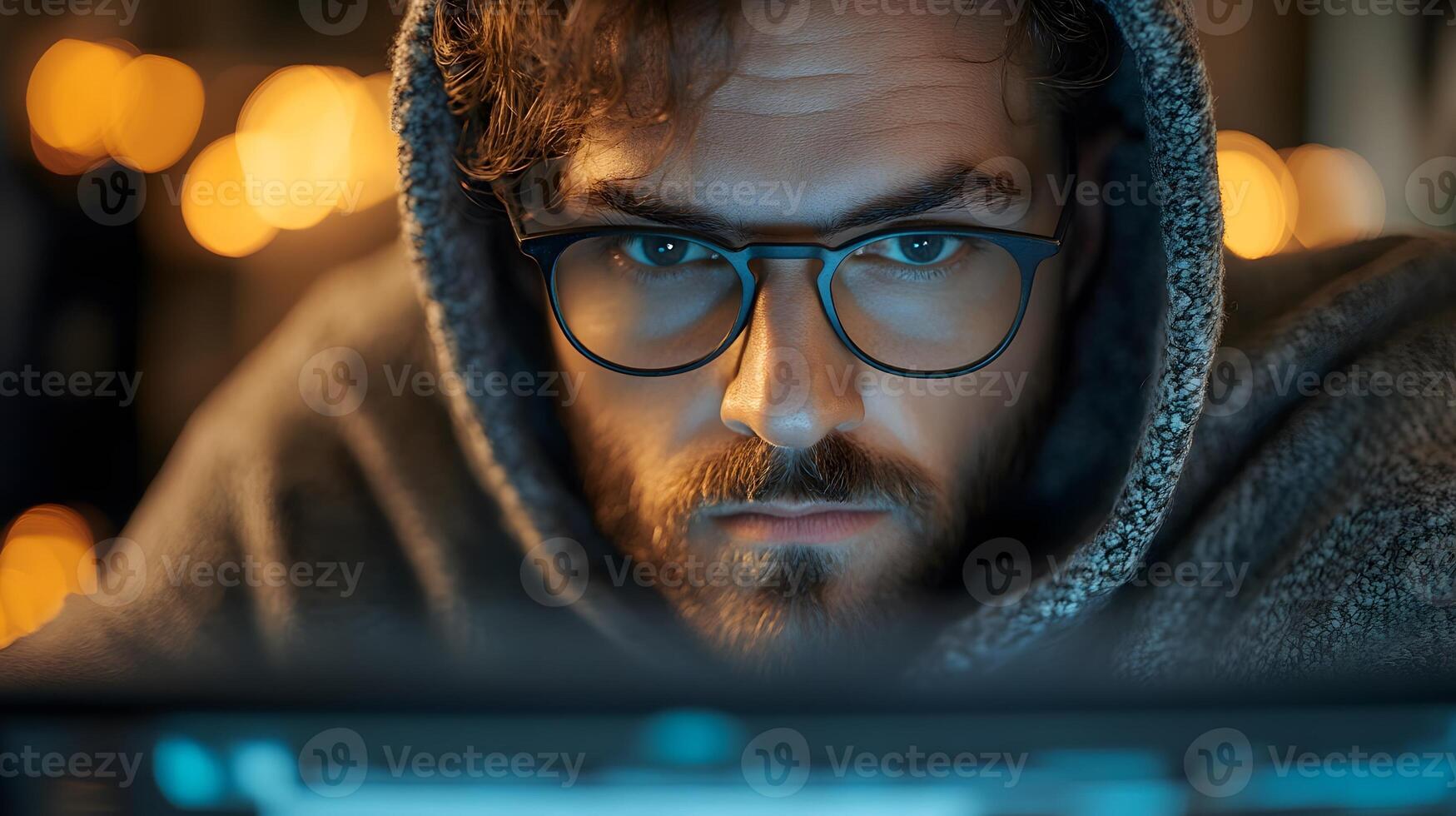 man in hoodie focused on screen with coding project, cozy night light photo