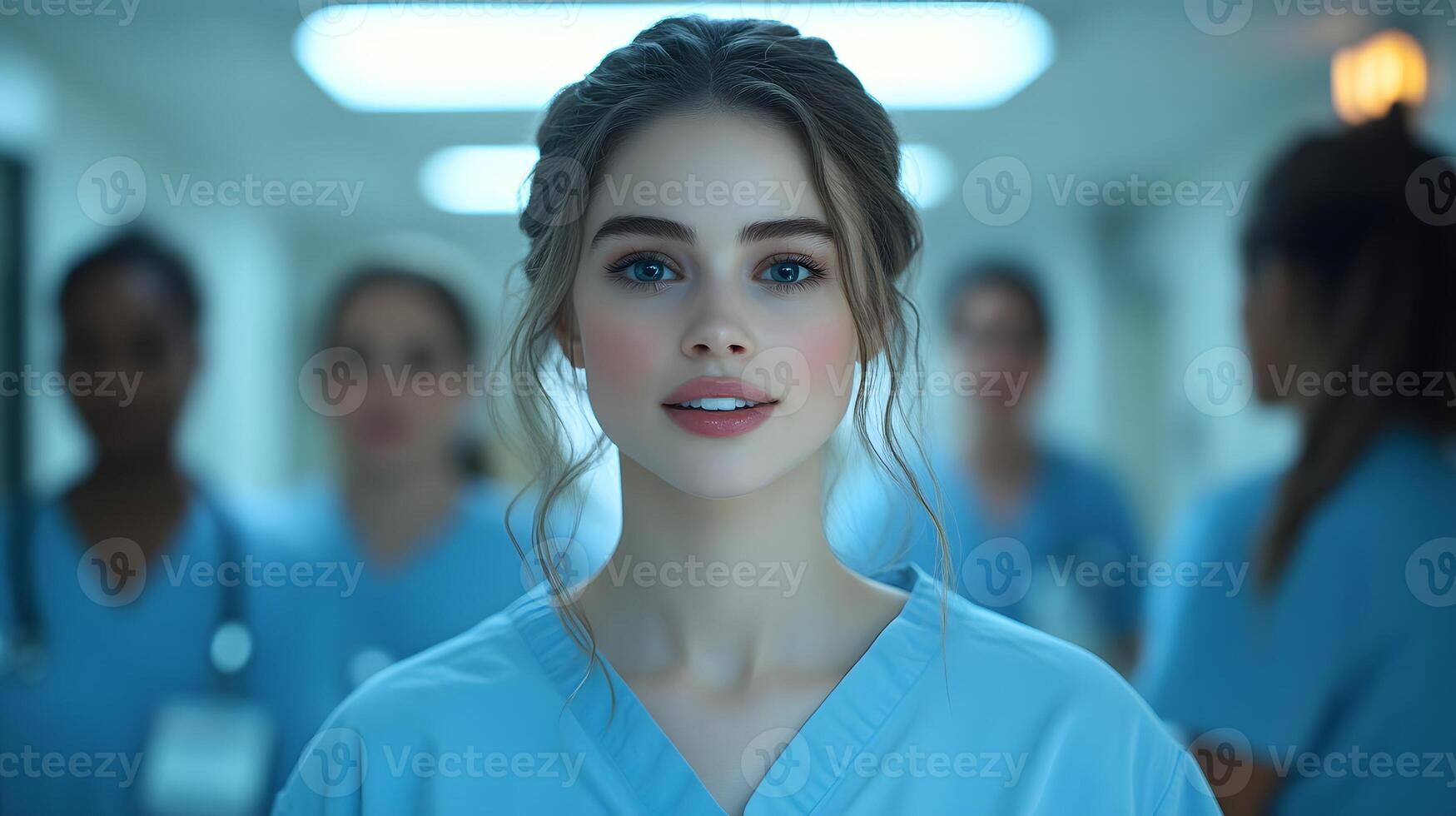 diverse medical team walking through hospital hallway photo