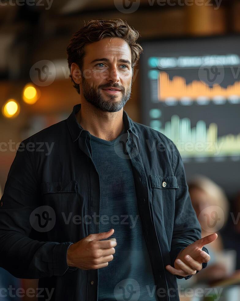 Entrepreneur pitching to investors with digital presentation and growth chart, photo