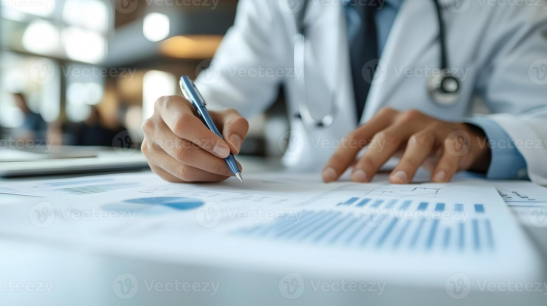 Medical staff preparing healthcare reports for year-end review focused setting, photo