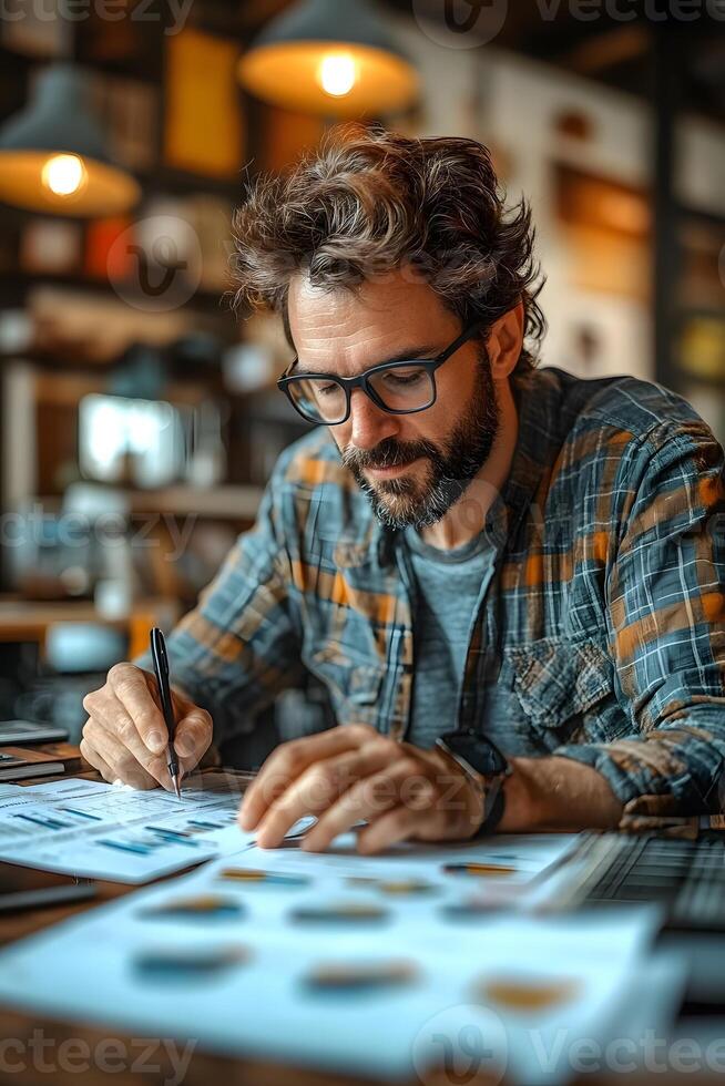 Business owner calculating cash flow with spreadsheet, casual setup, photo