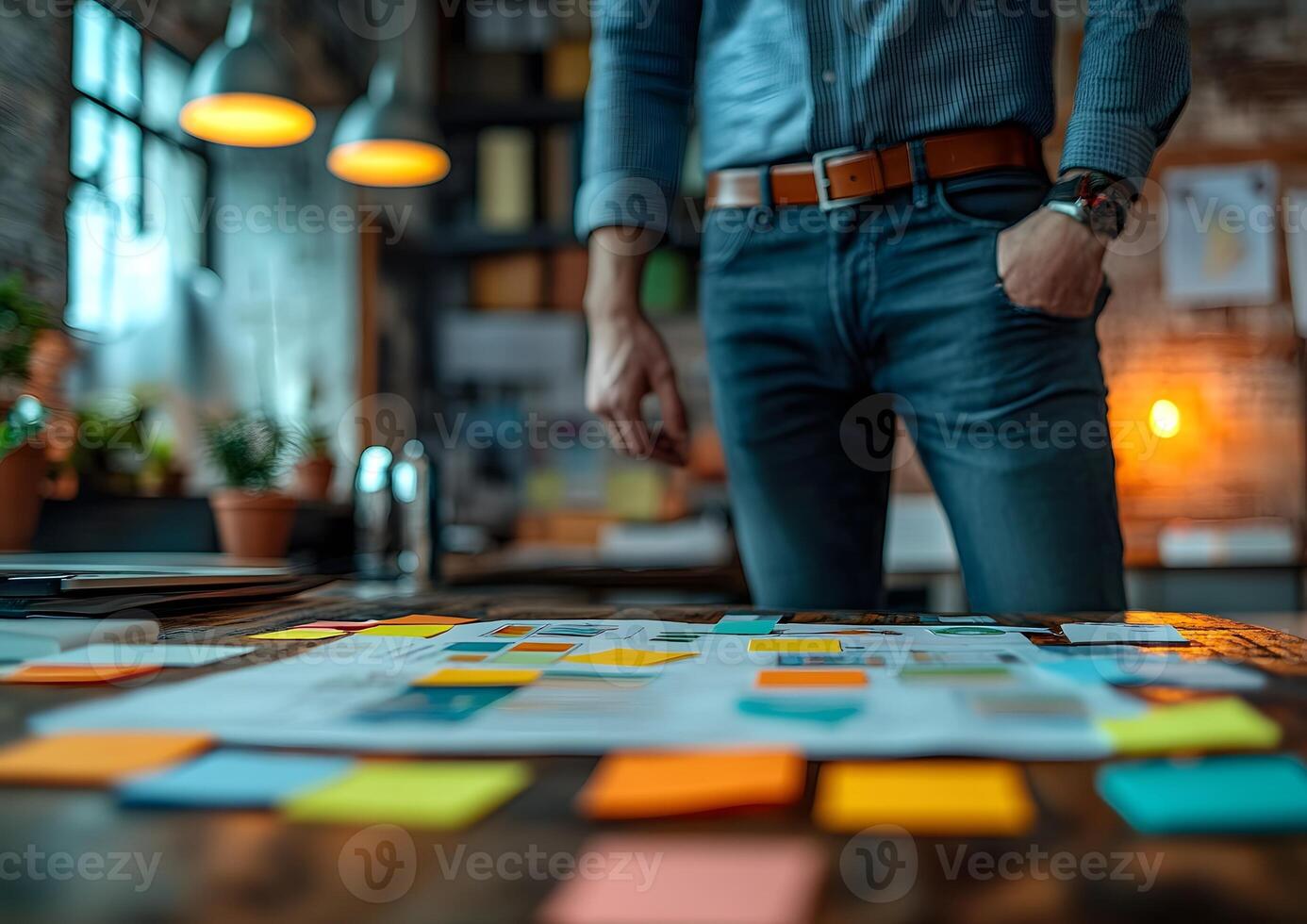 Strategy session with post-it notes and business model canvas, creative studio setting, photo