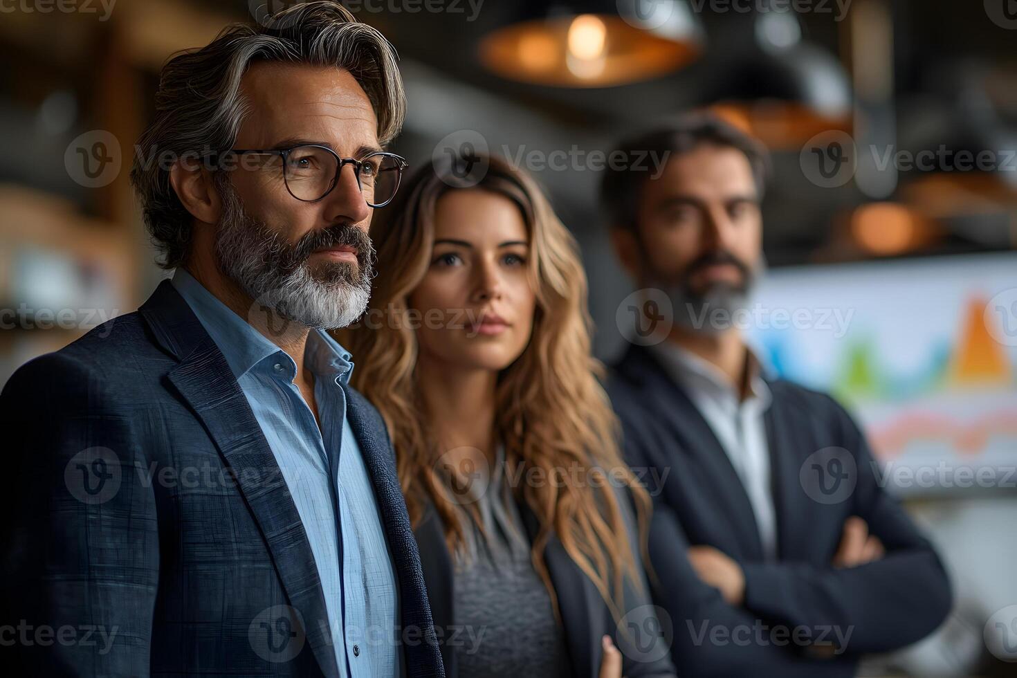 Year-end financial team reviewing annual performance charts, serious business tone, photo