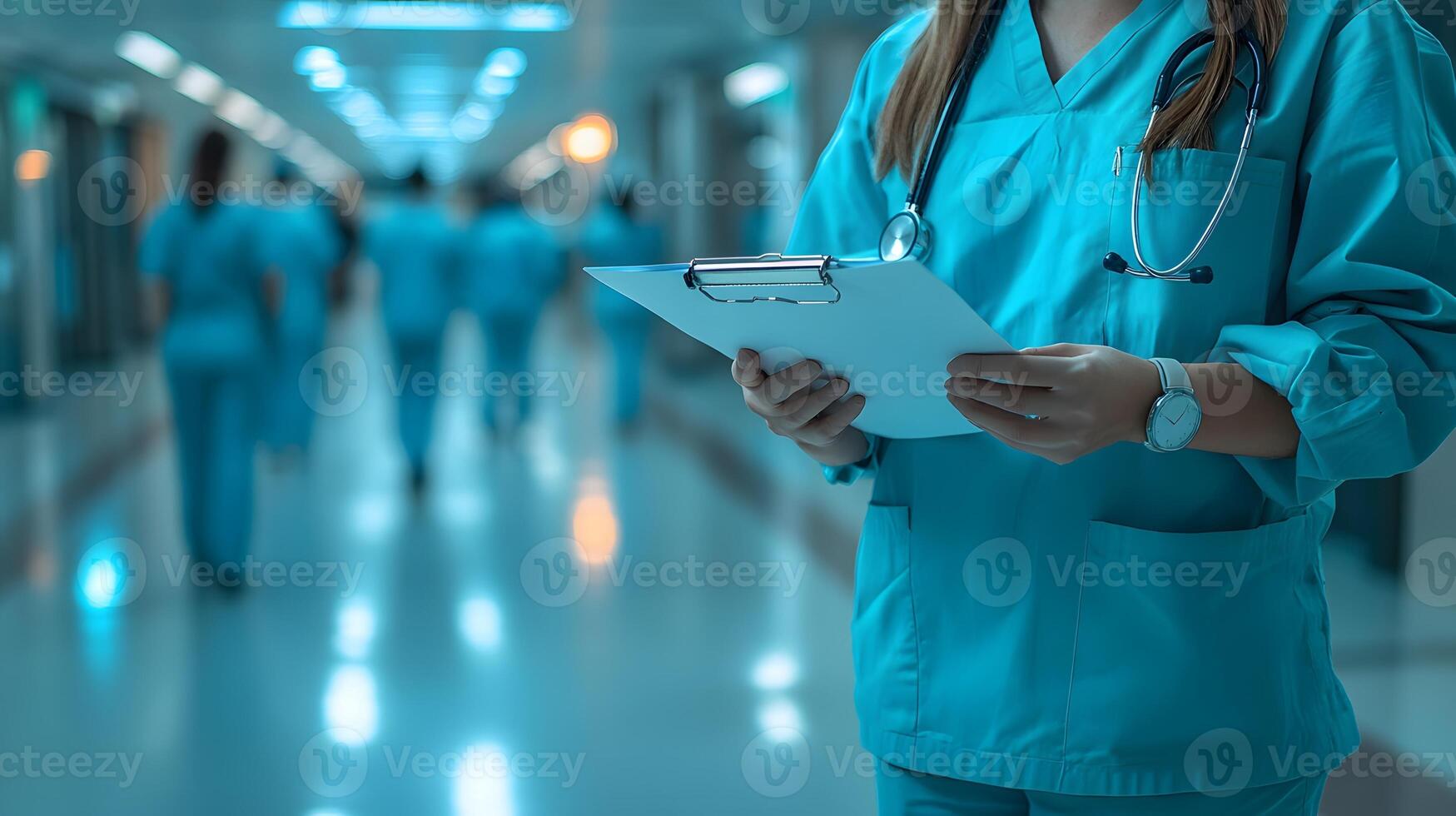 Medical staff preparing healthcare reports for year-end review, focused setting photo