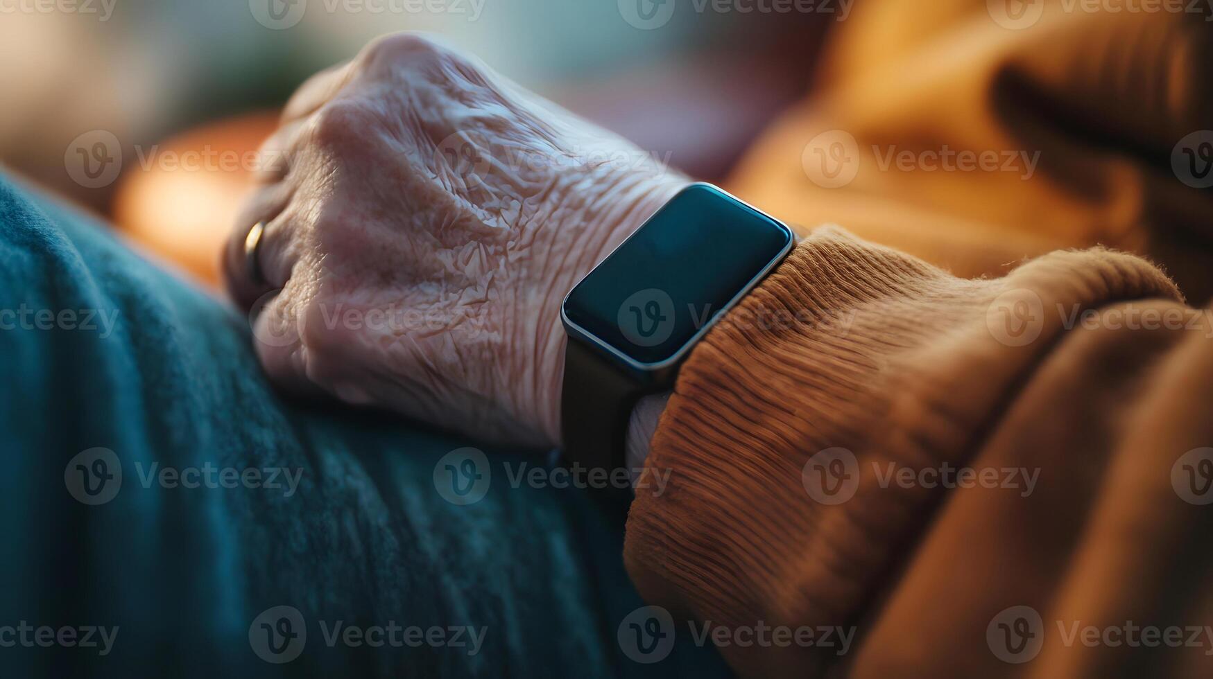 close-up of wellness data display from smart patch on seniors wrist photo