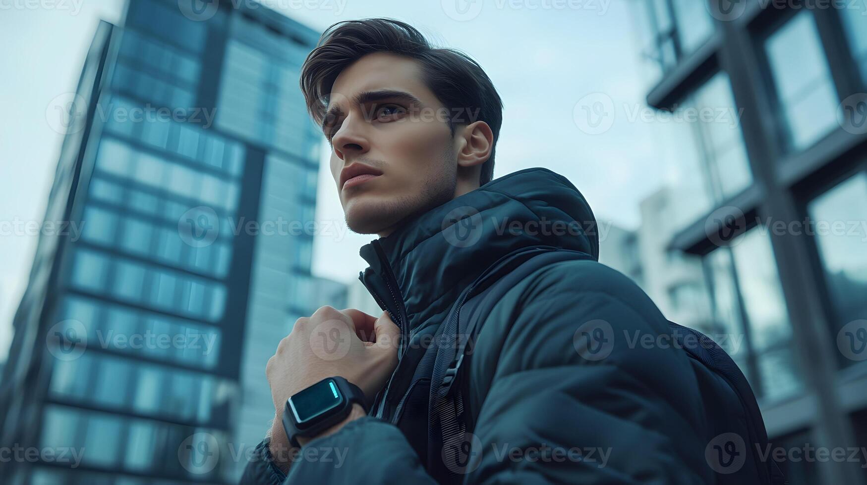 stylish man in streetwear using wearable for real-time metabolic tracking photo