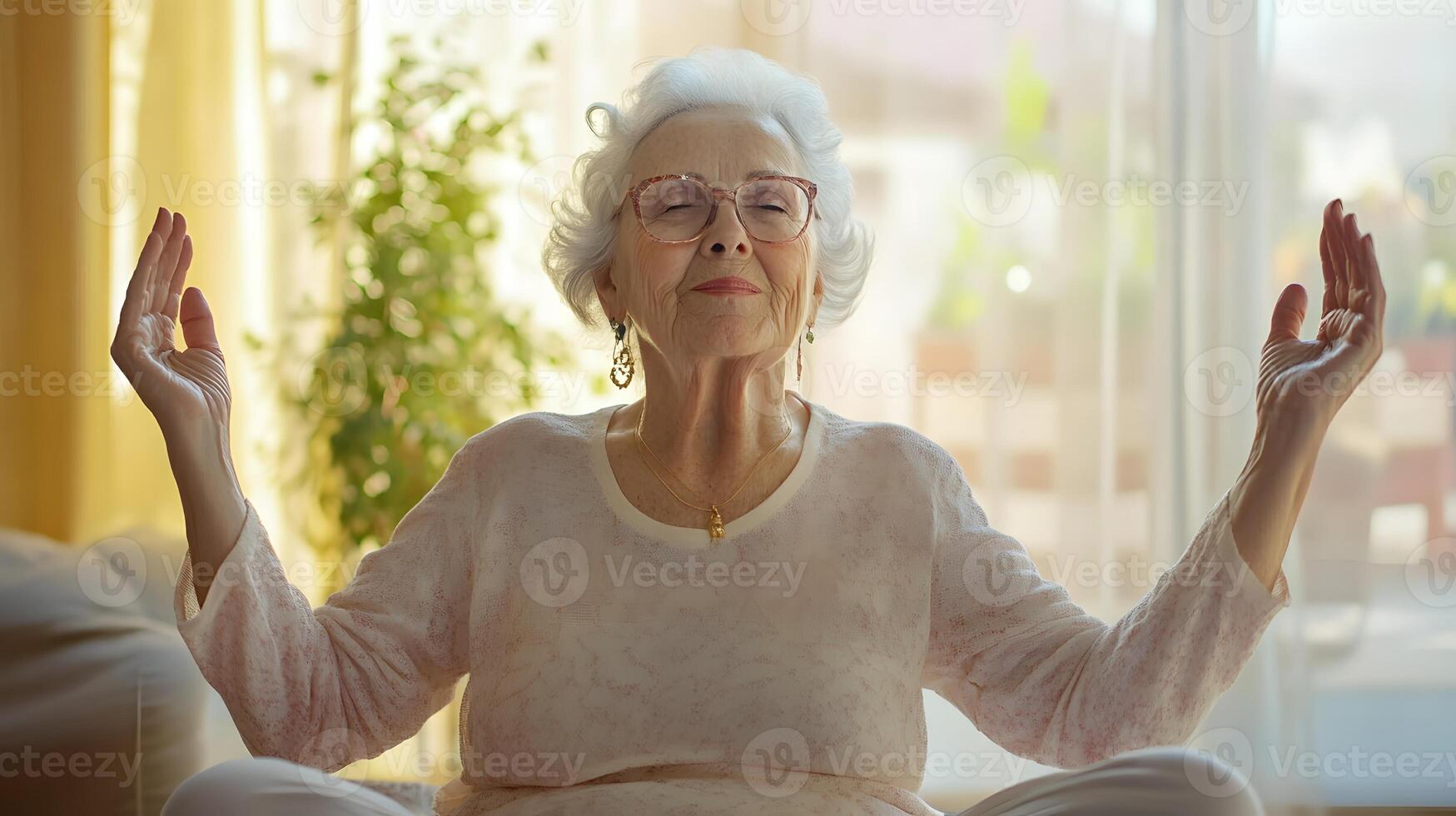 grandma enjoying virtual meditation with peaceful background photo