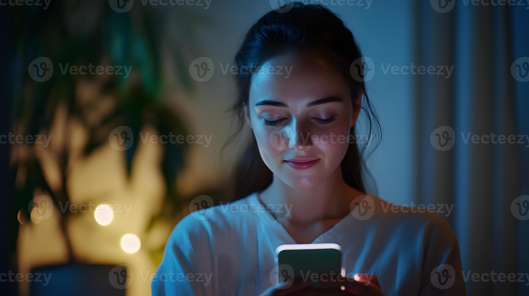 woman using breathing app on phone between meetings photo