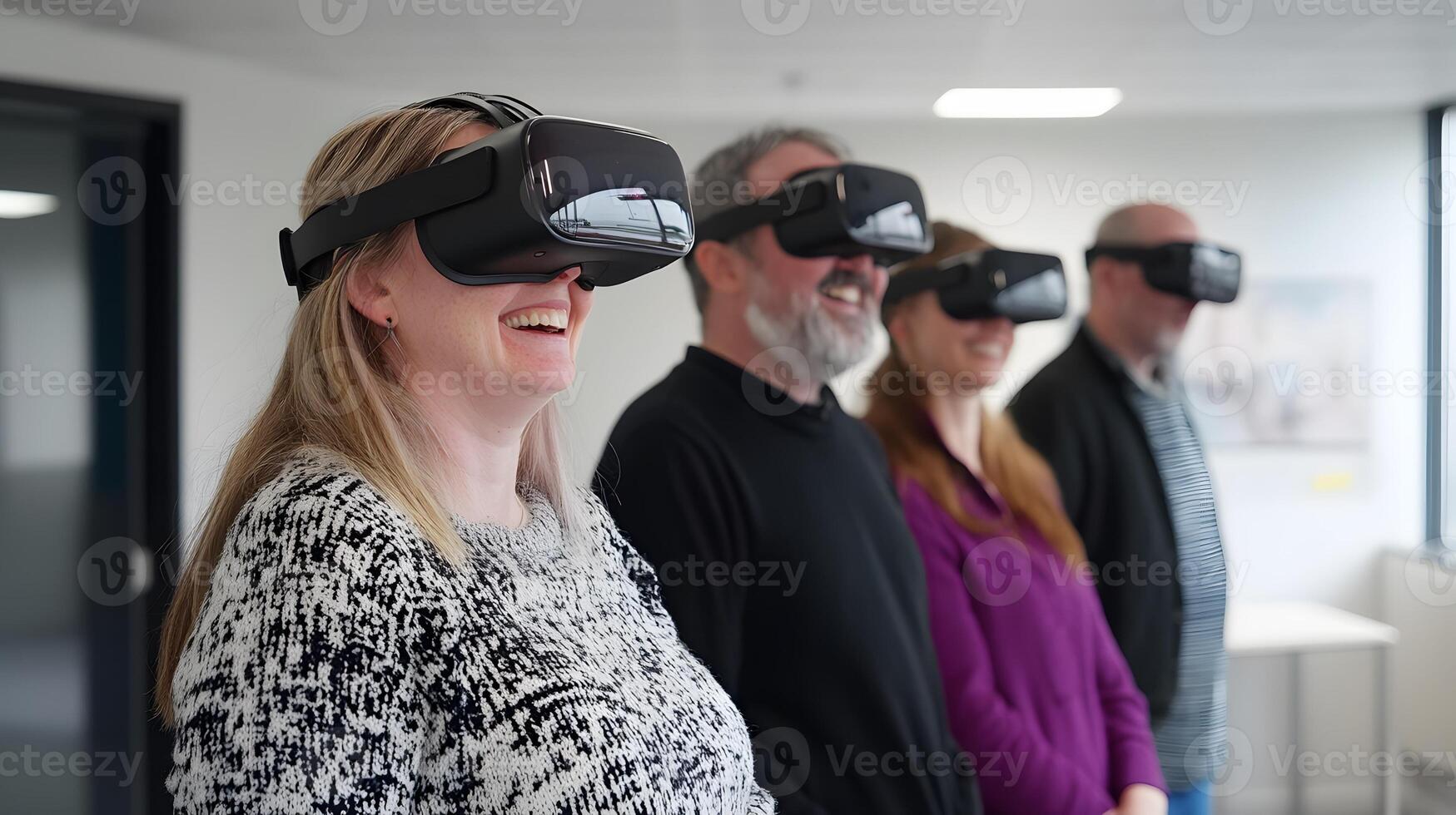 3D team smiling during digital breathing exercise in shared space photo
