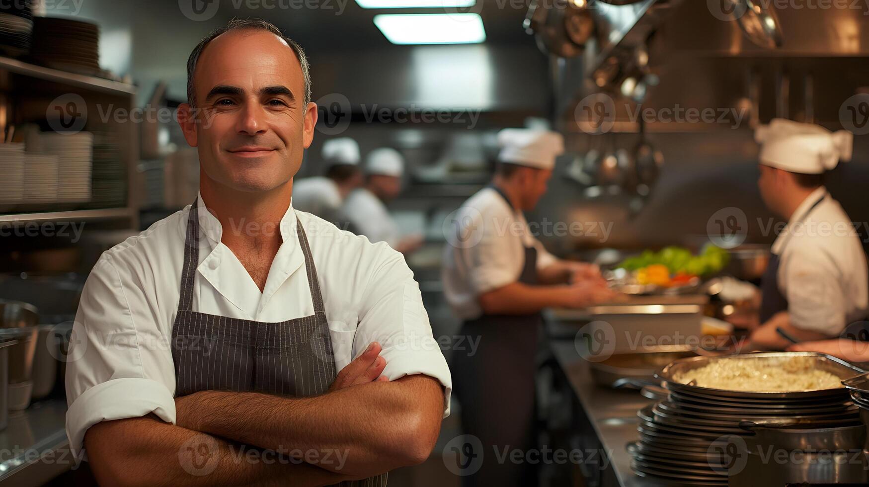 proud restaurant owner with arms crossed in busy kitchen, staff working in background, wide angle photo
