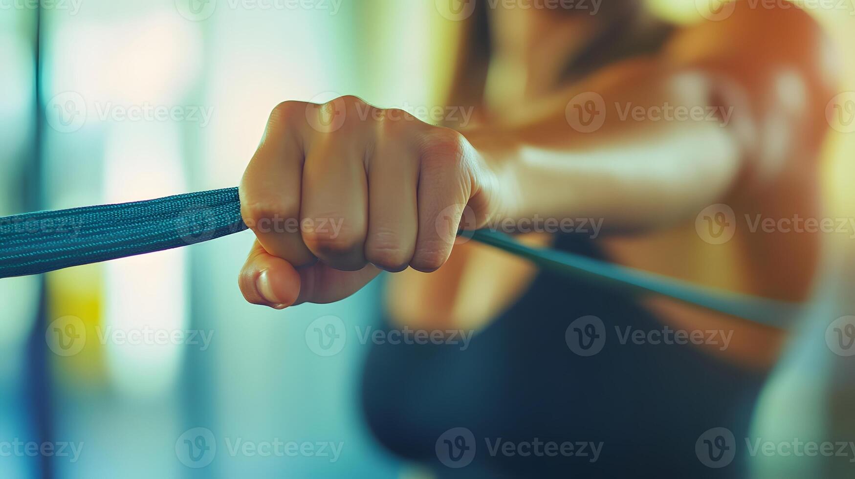 Close-up of hand using pilates resistance band toned arm, sharp focus, blurred background photo