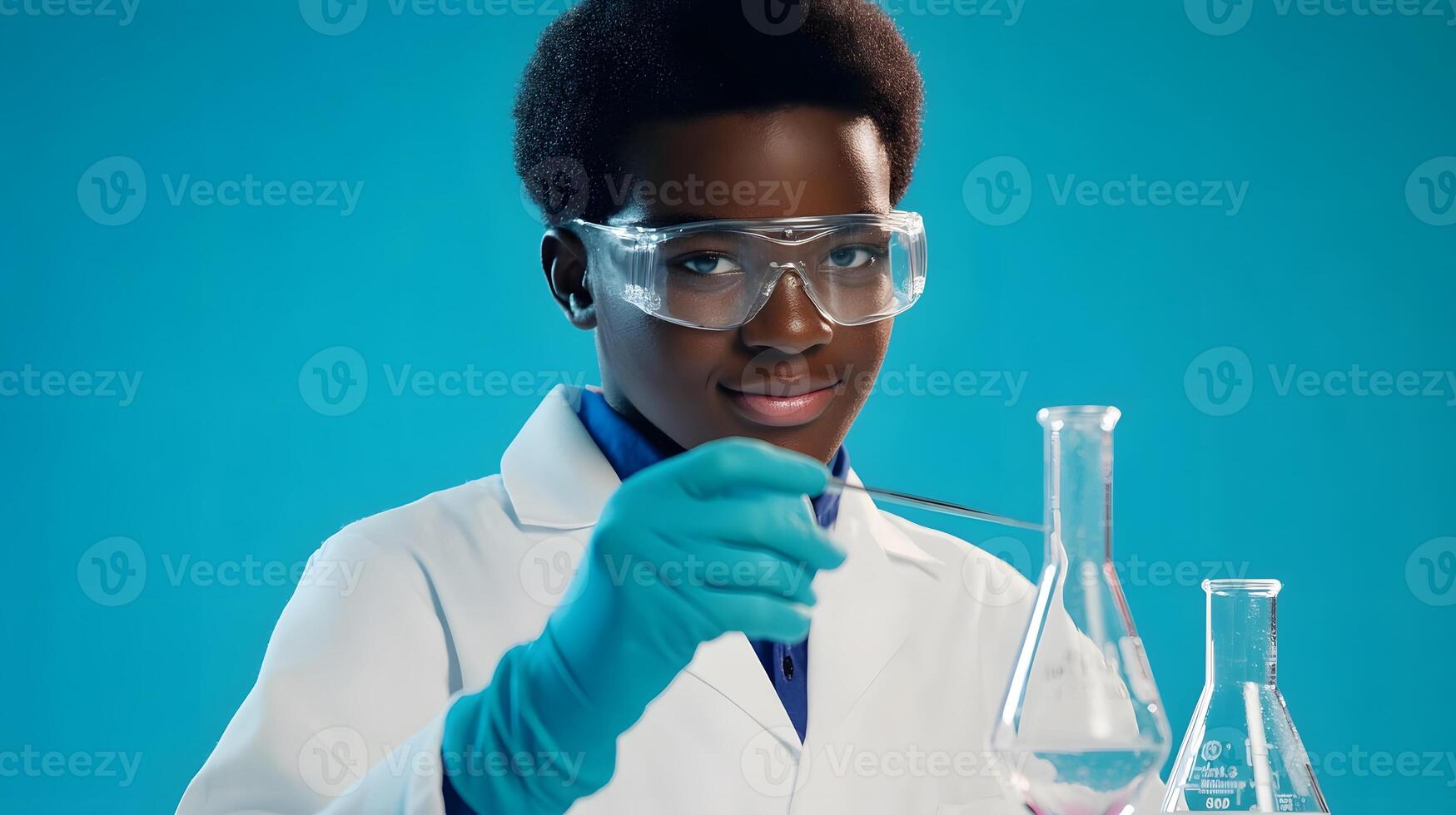 teen boy practicing science experiment with lab coat, safe tools photo
