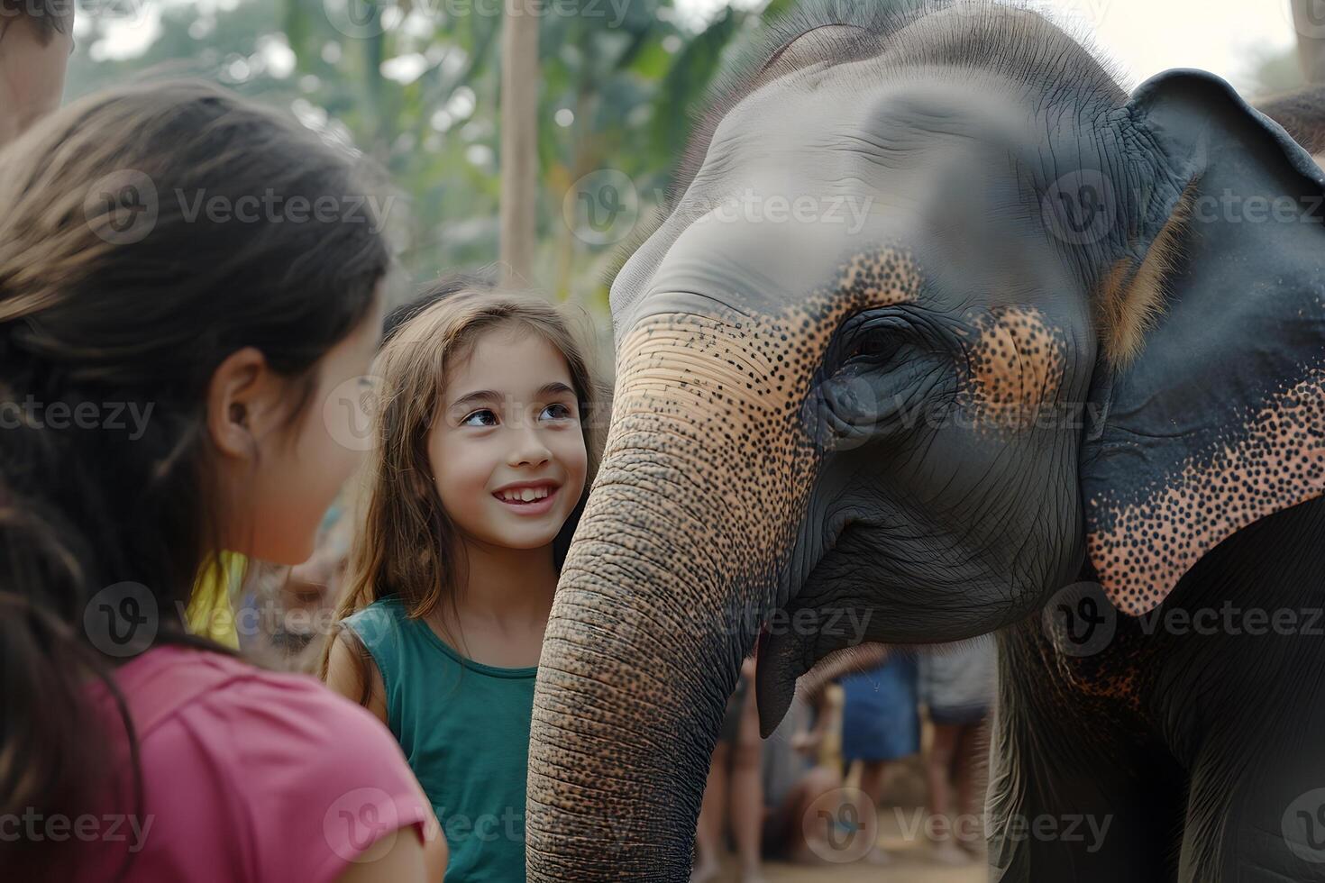 Adventure travel in rural area with elephant and native children photo