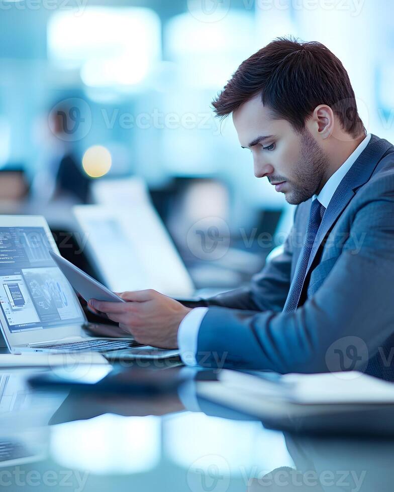 IT consultant working remotely with multiple devices, photo