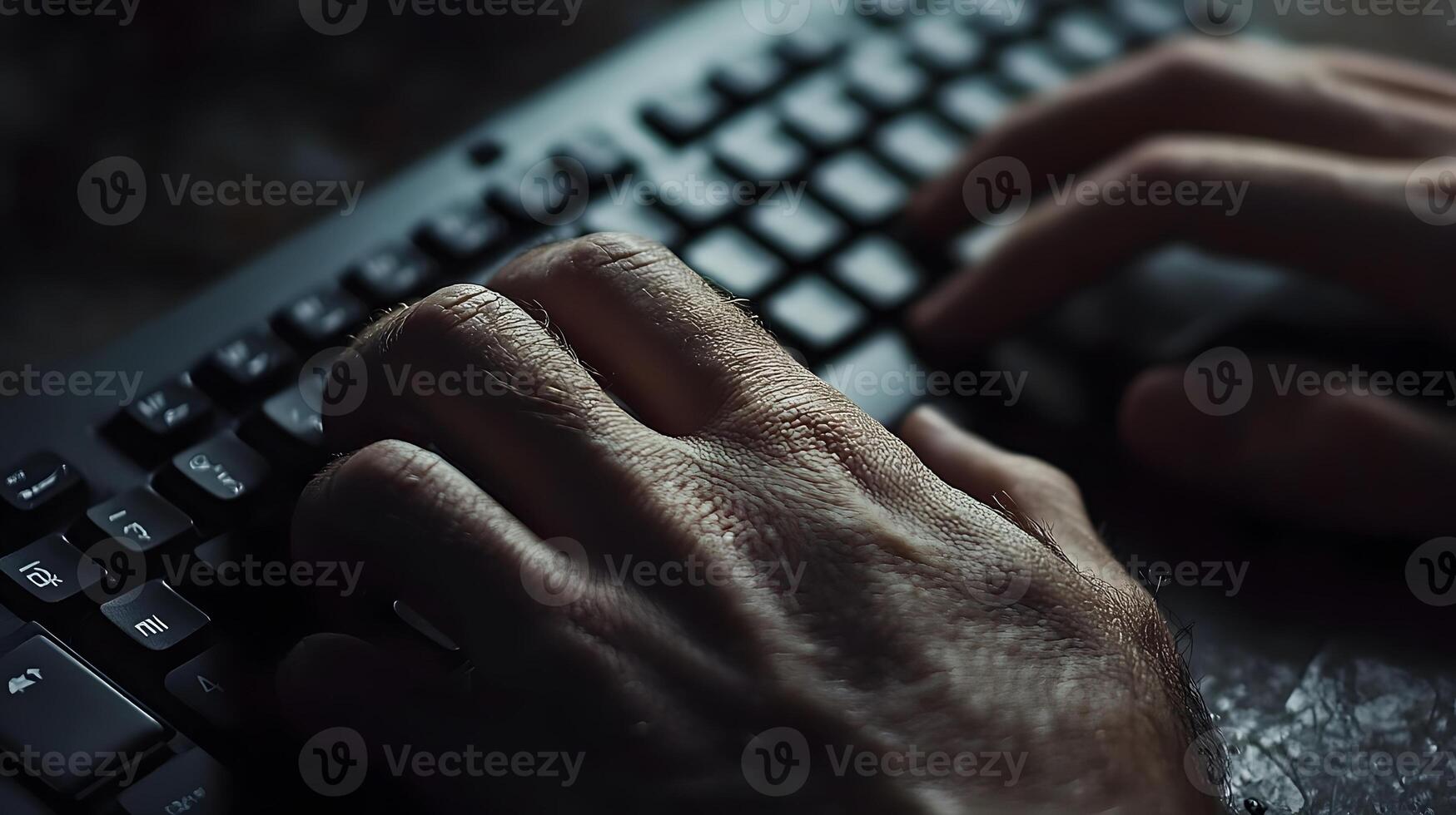 hands typing on keyboard with tech elements overlay, clean background, photo