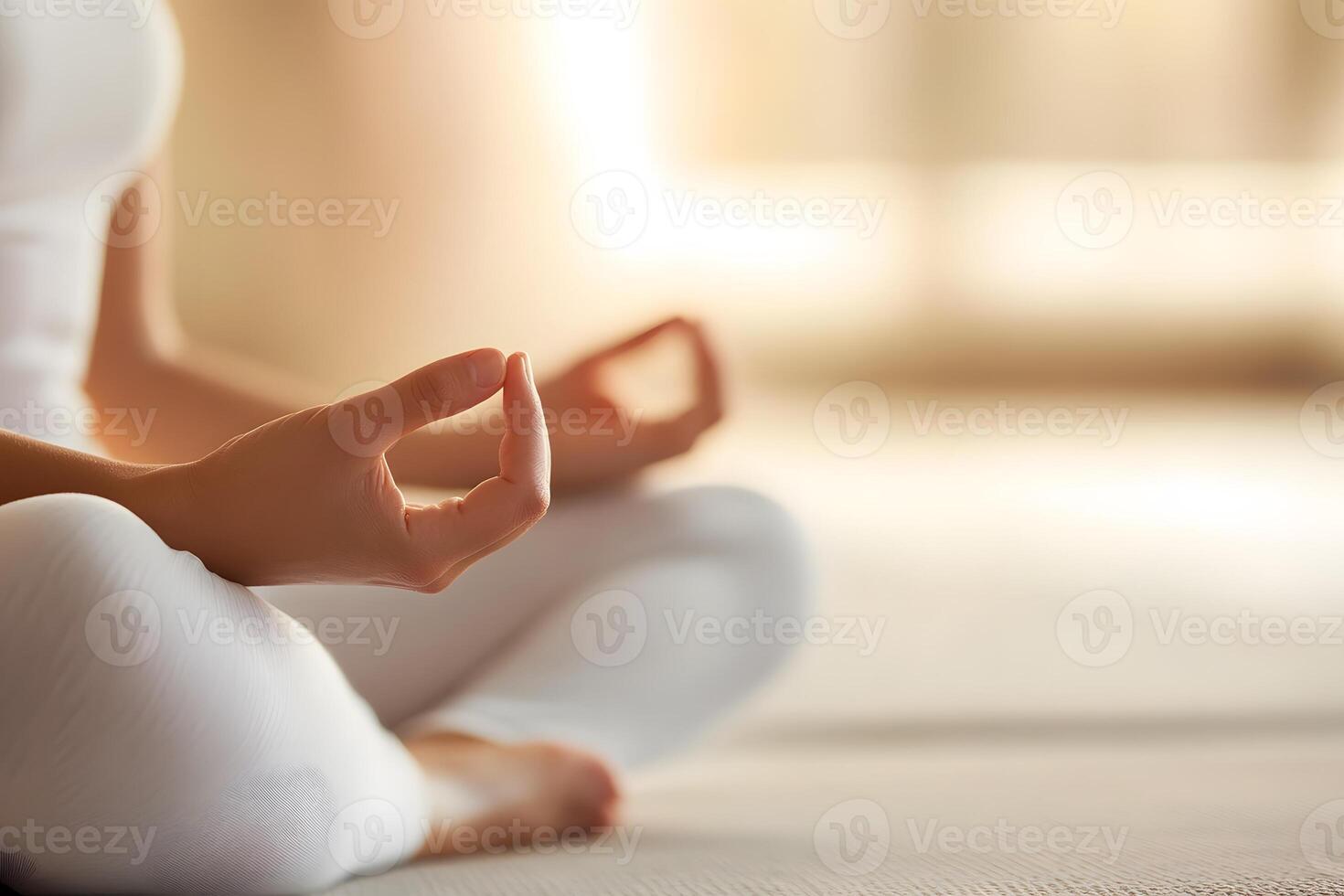 Woman practicing mindfulness meditation in her living room soft daylight relaxing mood comfortable space photo