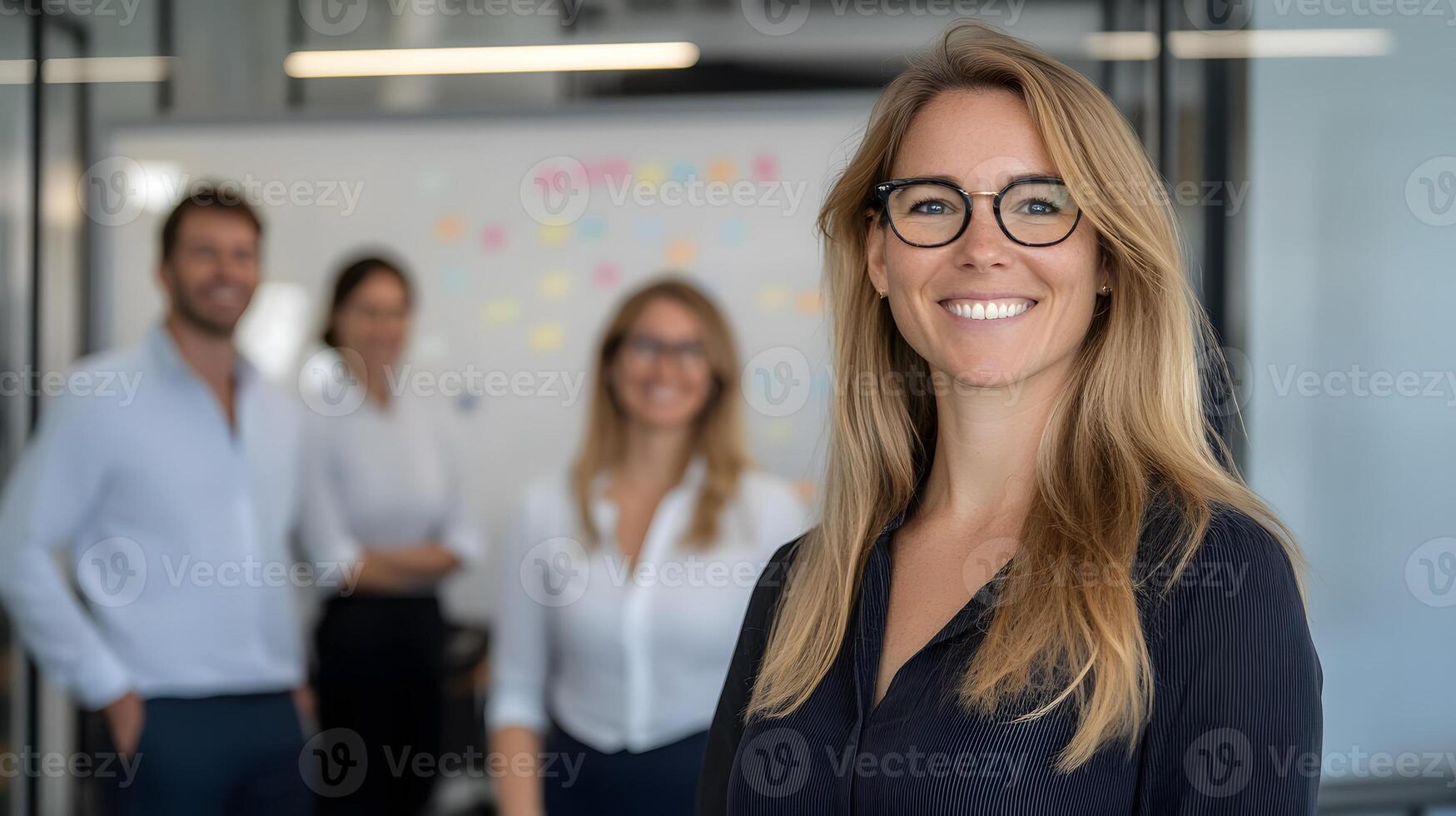 Friendly team brainstorming in creative office space whiteboard behind sticky notes on glass photo
